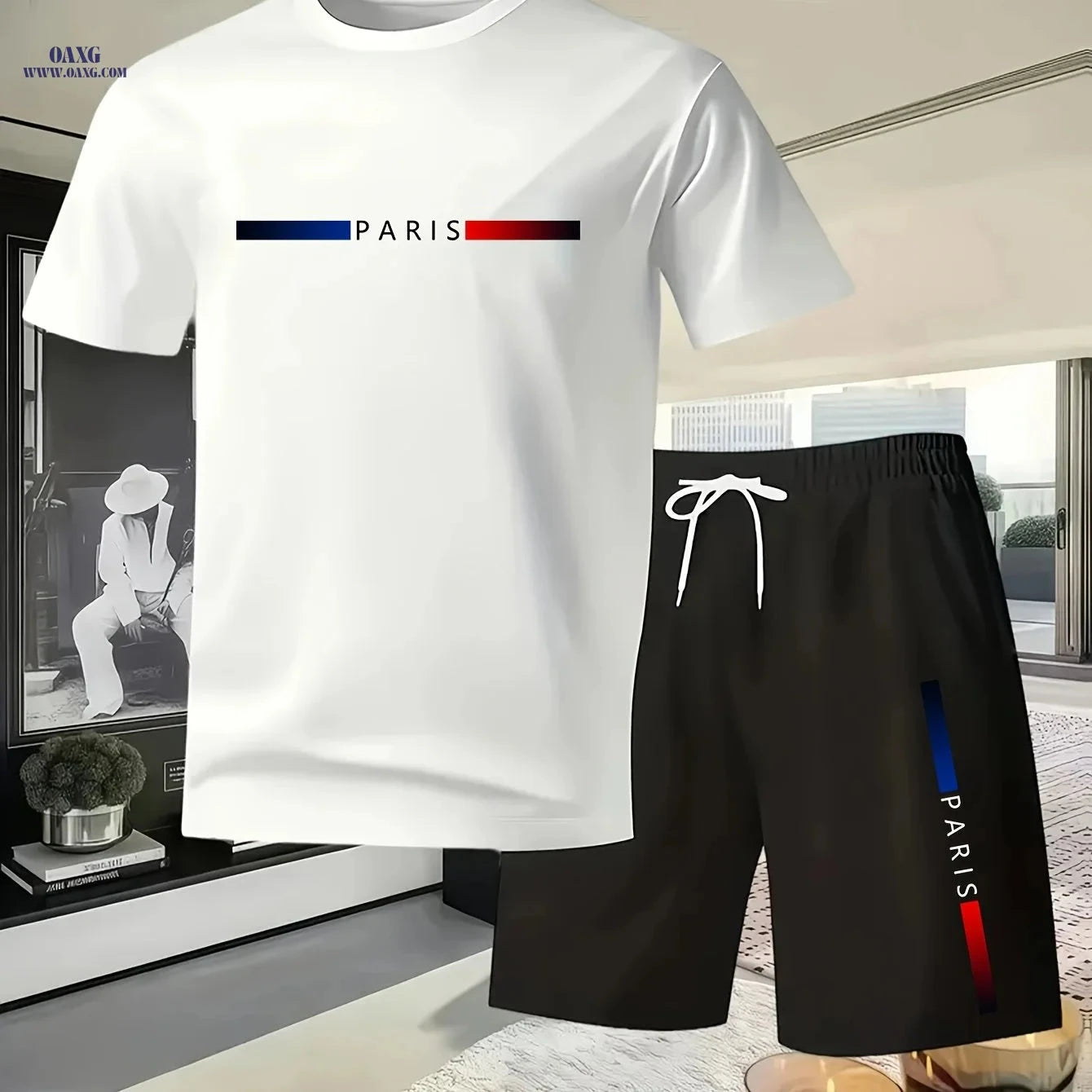 Men's Summer Casual T-Shirt & Shorts Set - PARIS Print Pattern   OAXG Black / FR S