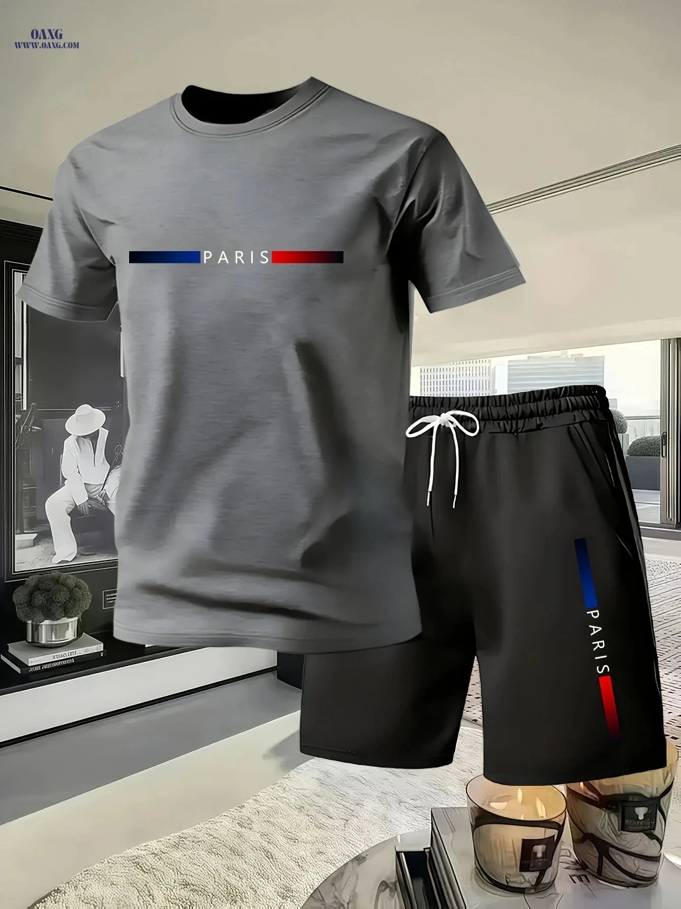 Men's Summer Casual T-Shirt & Shorts Set - PARIS Print Pattern   OAXG Black / FR S