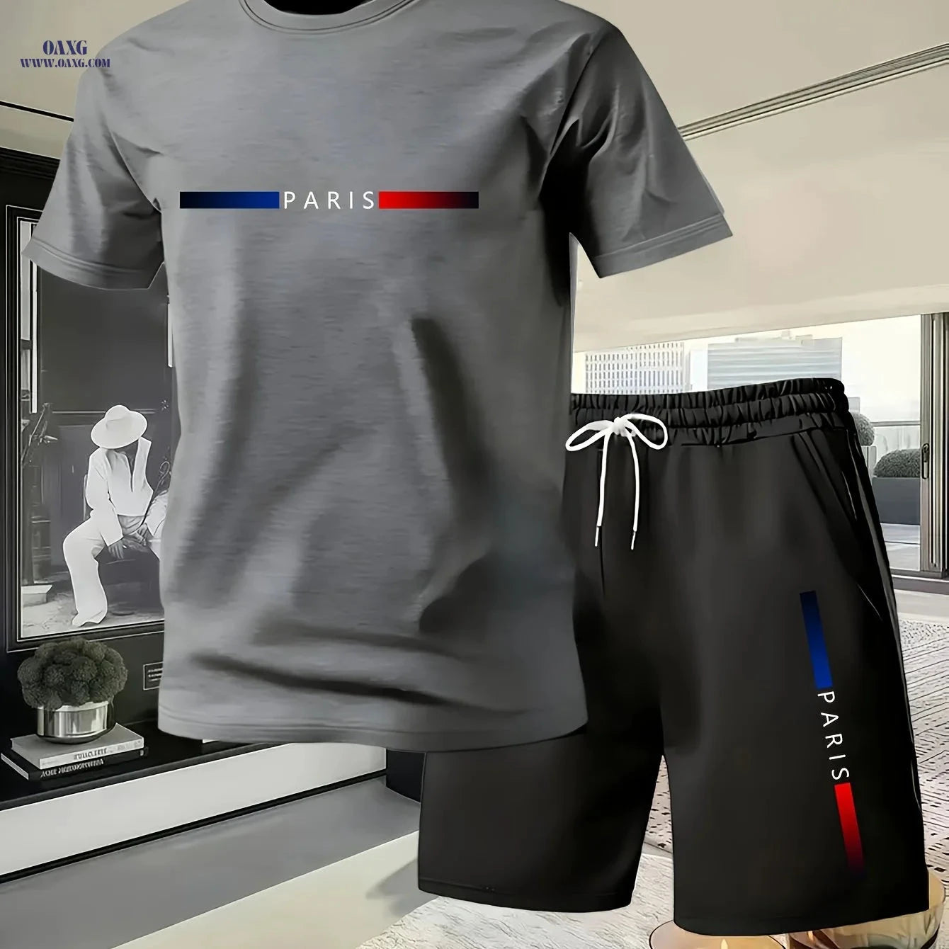 Men's Summer Casual T-Shirt & Shorts Set - PARIS Print Pattern   OAXG 