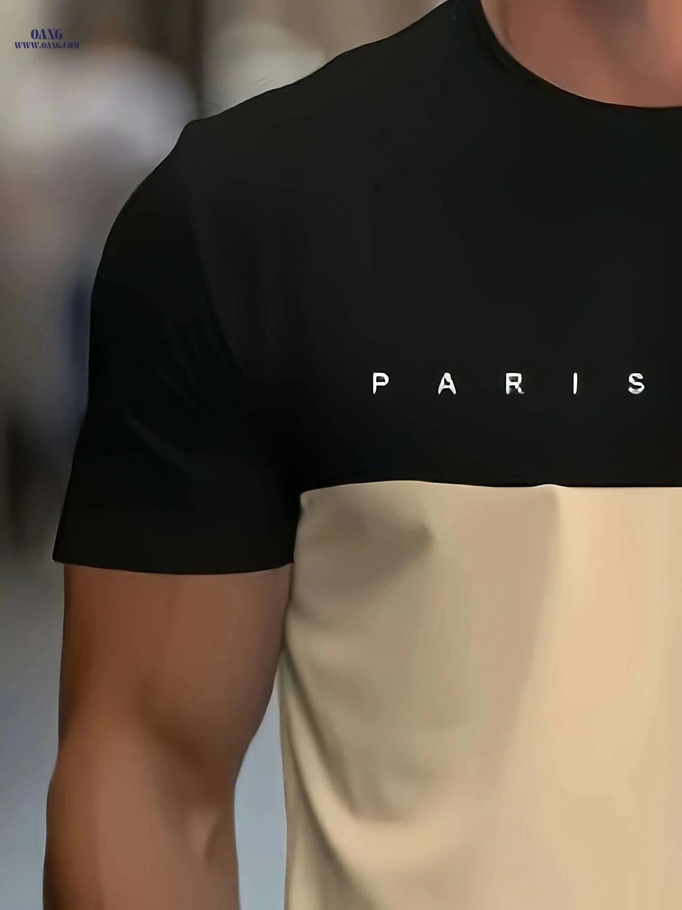 Men’s Summer Color Block T-Shirt - Paris Letter Pattern, Breathable Fabric   OAXG Mixed Color / S
