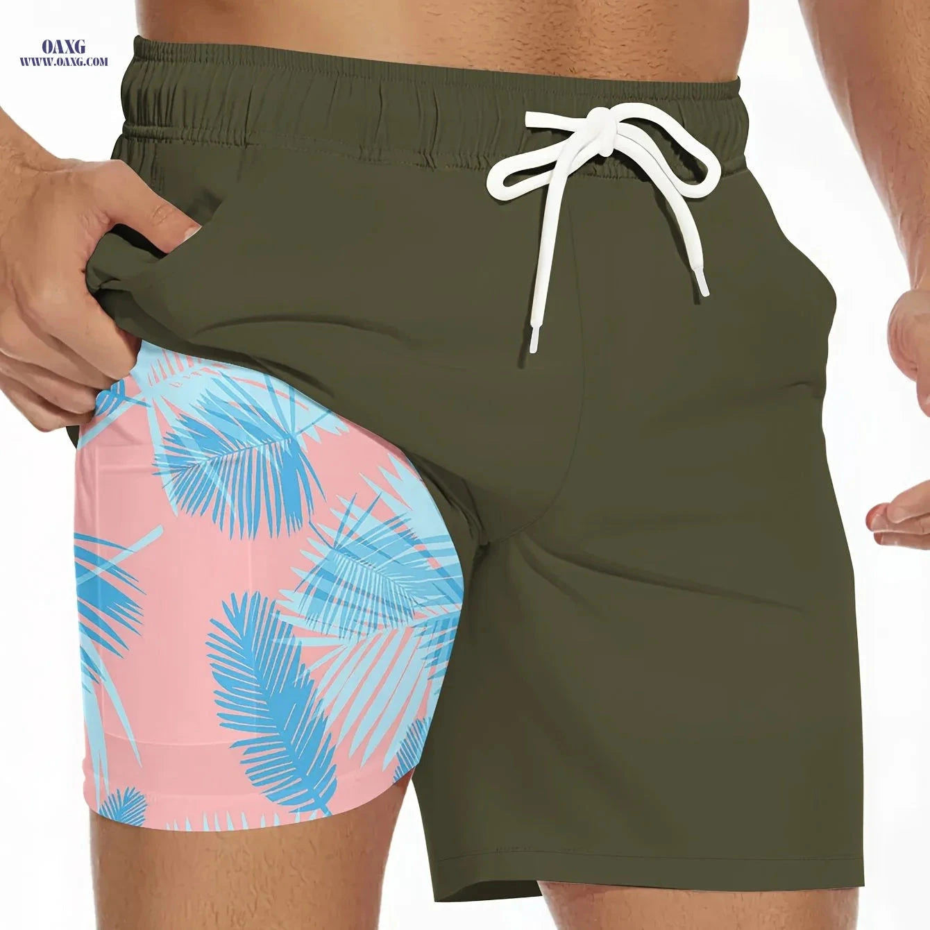 Men's Summer Double-Layer Beach Shorts - Casual Print, Regular Fit   OAXG 