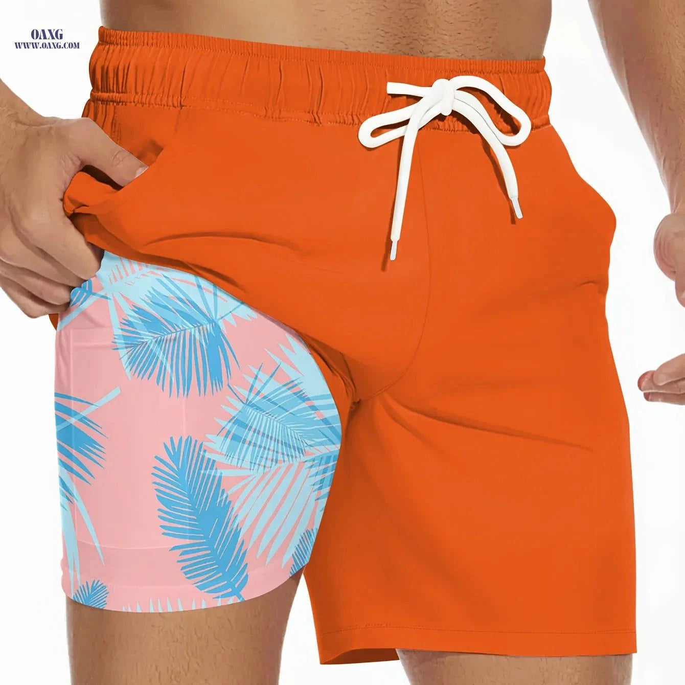 Men's Summer Double-Layer Beach Shorts - Casual Print, Regular Fit   OAXG 