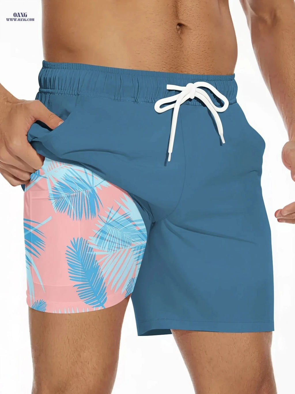 Men's Summer Double-Layer Beach Shorts - Casual Print, Regular Fit   OAXG 