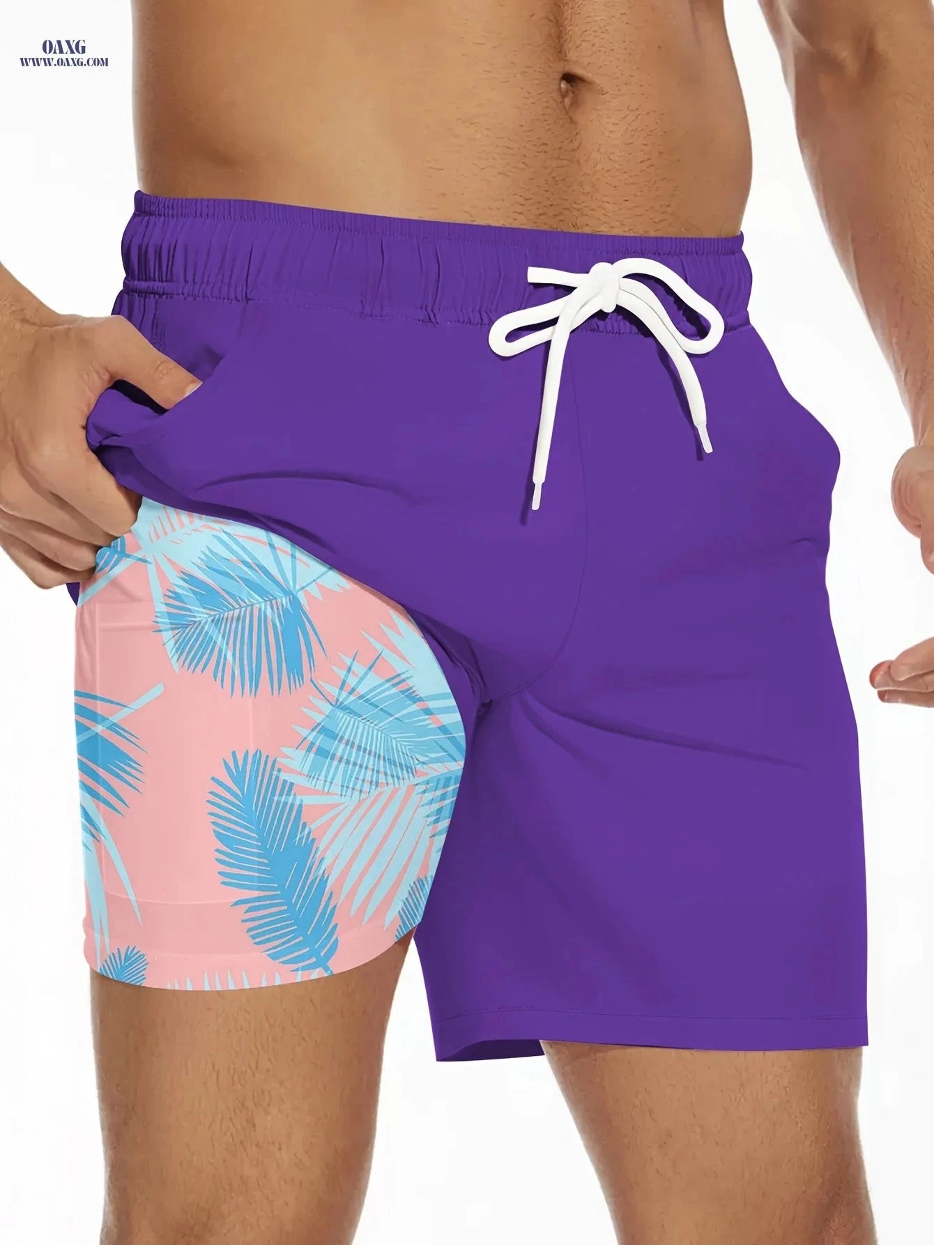 Men's Summer Double-Layer Beach Shorts - Casual Print, Regular Fit   OAXG 