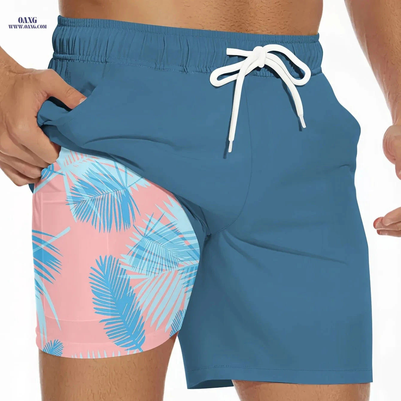 Men's Summer Double-Layer Beach Shorts - Casual Print, Regular Fit   OAXG 
