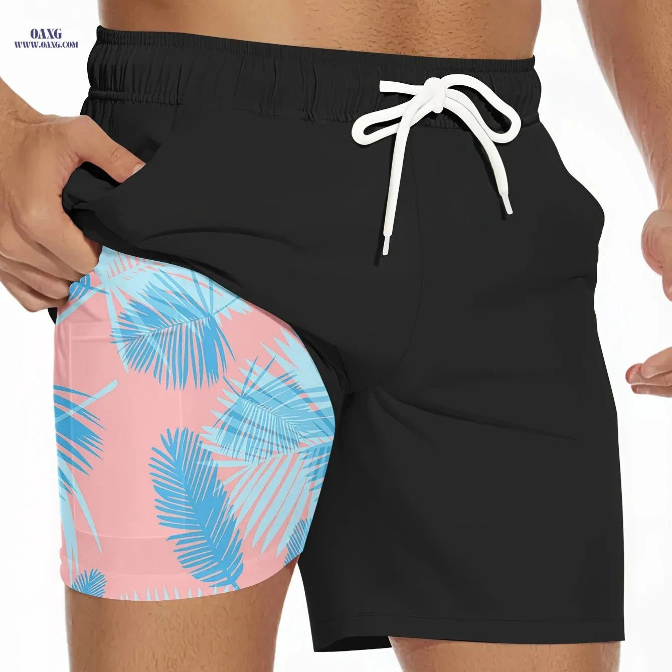 Men's Summer Double-Layer Beach Shorts - Casual Print, Regular Fit   OAXG 