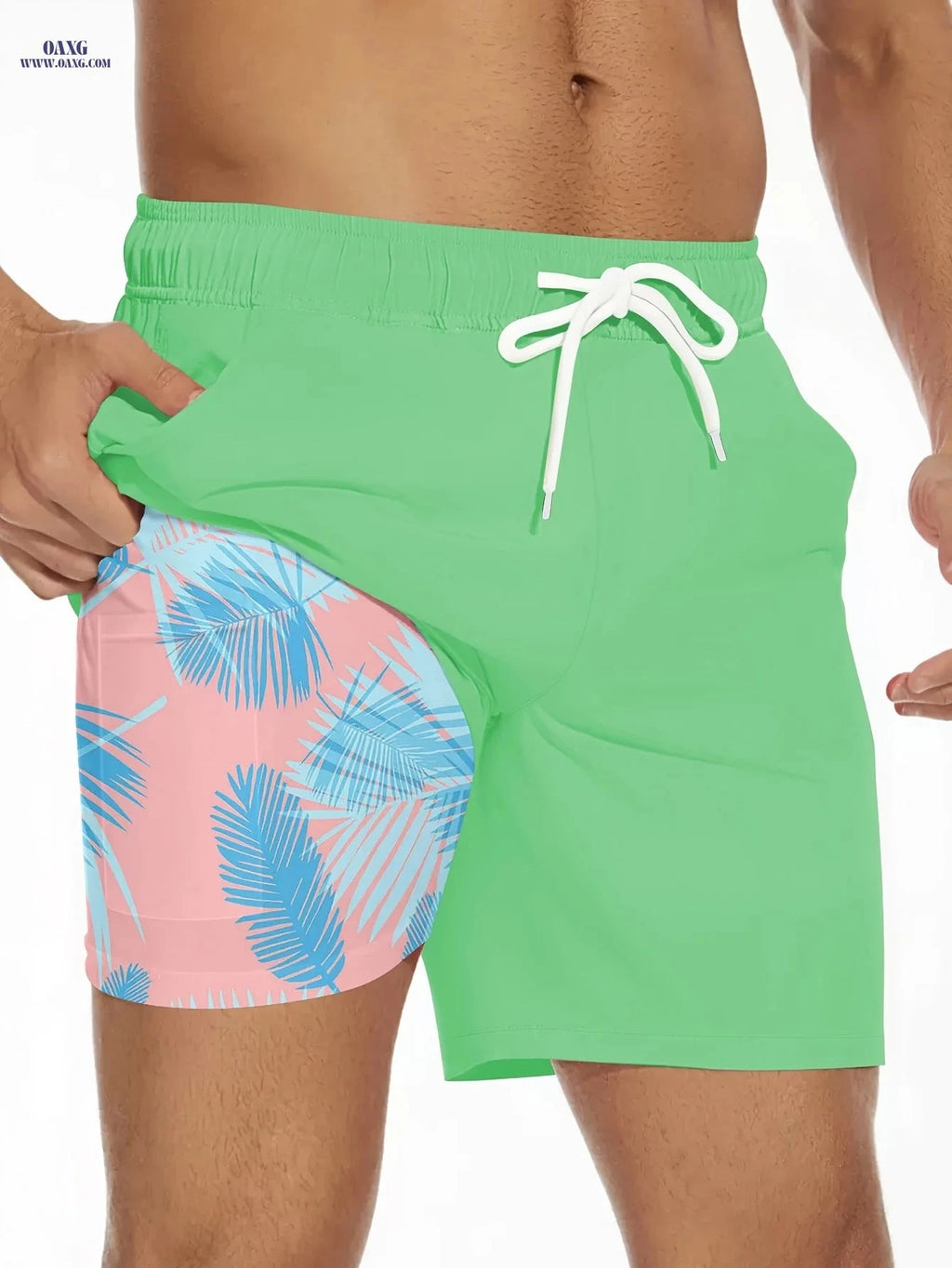 Men's Summer Double-Layer Beach Shorts - Casual Print, Regular Fit   OAXG Black / FR M