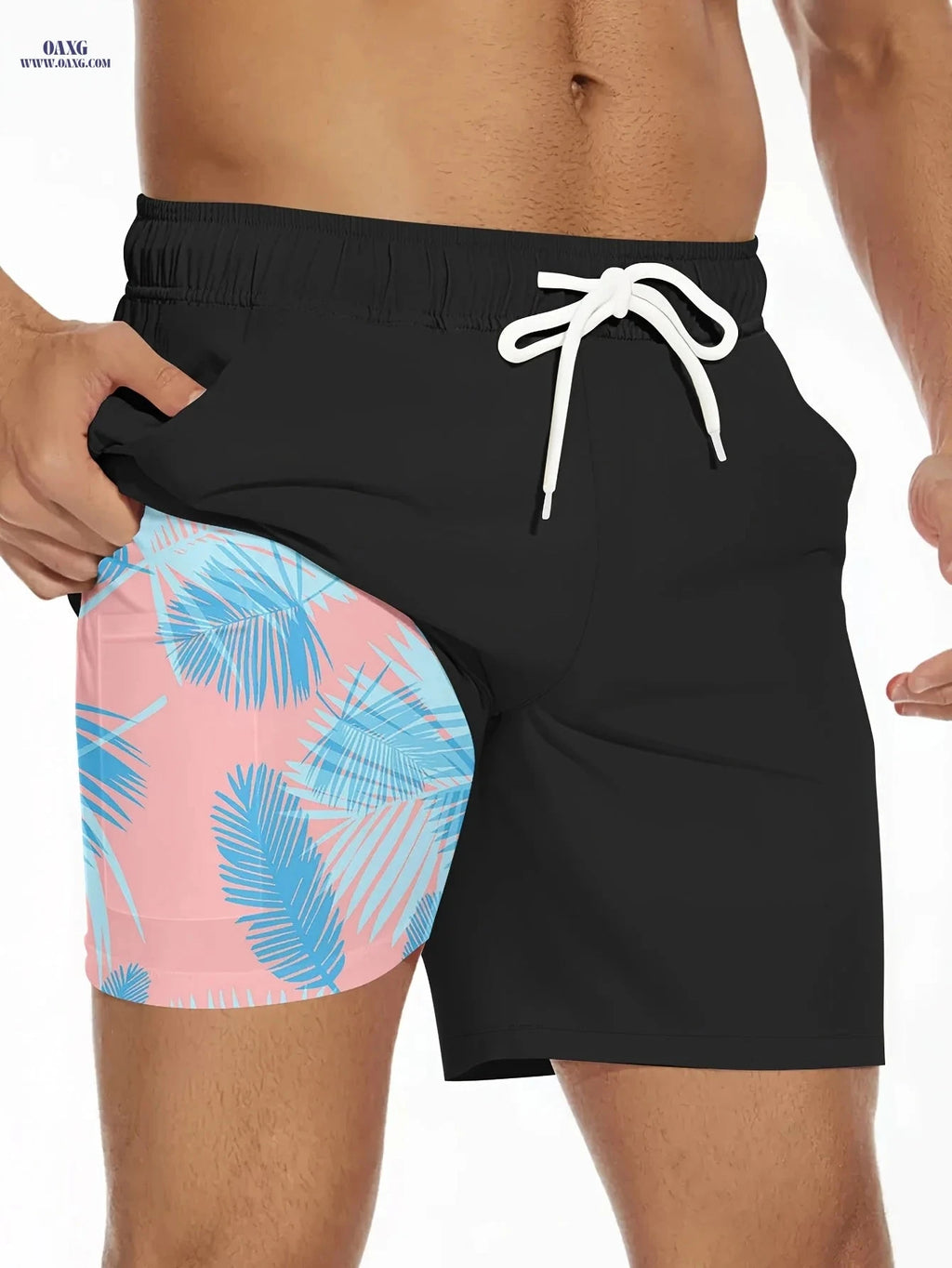 Men's Summer Double-Layer Beach Shorts - Casual Print, Regular Fit   OAXG Black / FR M