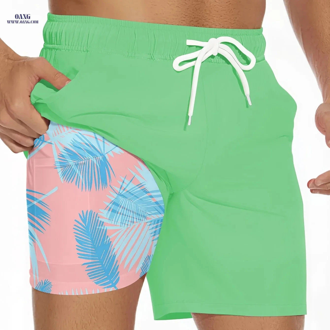 Men's Summer Double-Layer Beach Shorts - Casual Print, Regular Fit   OAXG Black / FR M