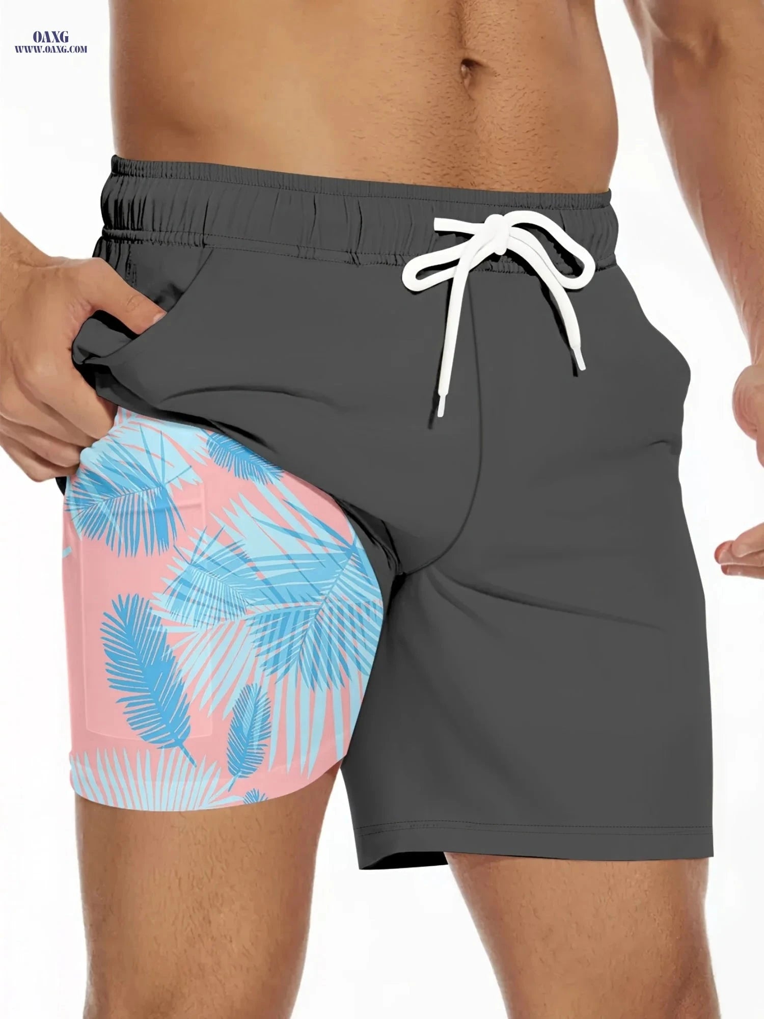 Men's Summer Double-Layer Beach Shorts - Casual Print, Regular Fit   OAXG 