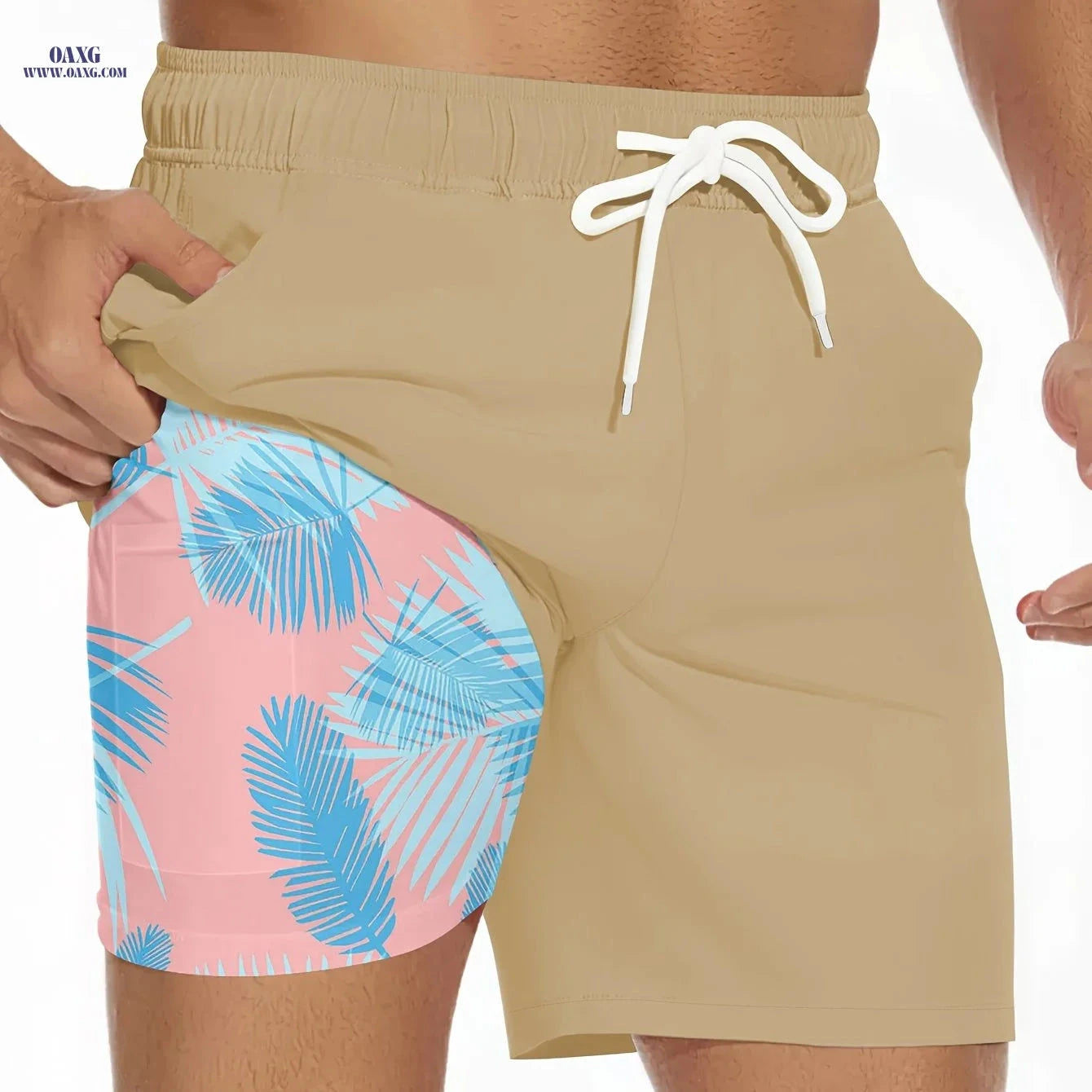 Men's Summer Double-Layer Beach Shorts - Casual Print, Regular Fit   OAXG 