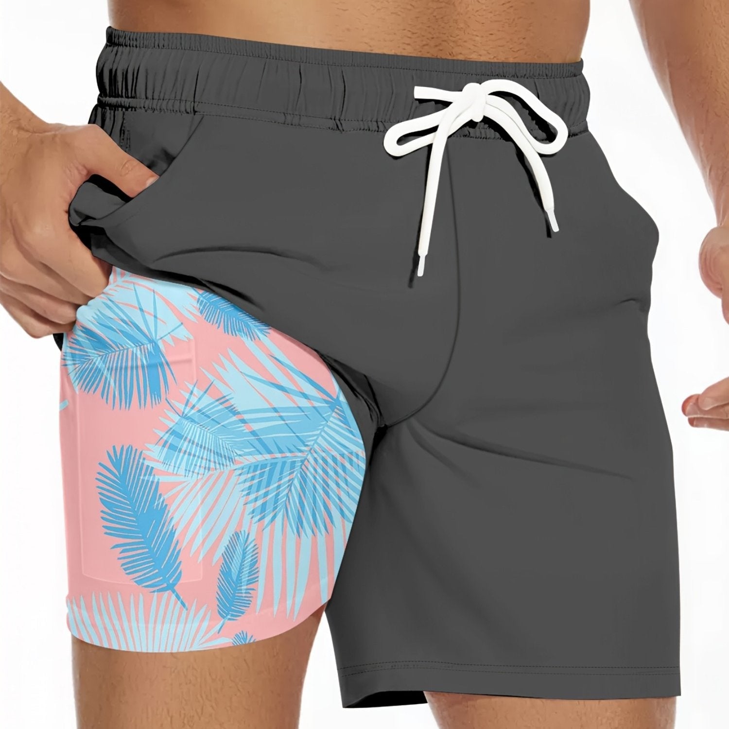 Men's Summer Double-Layer Beach Shorts - Casual Print, Regular Fit   OAXG 