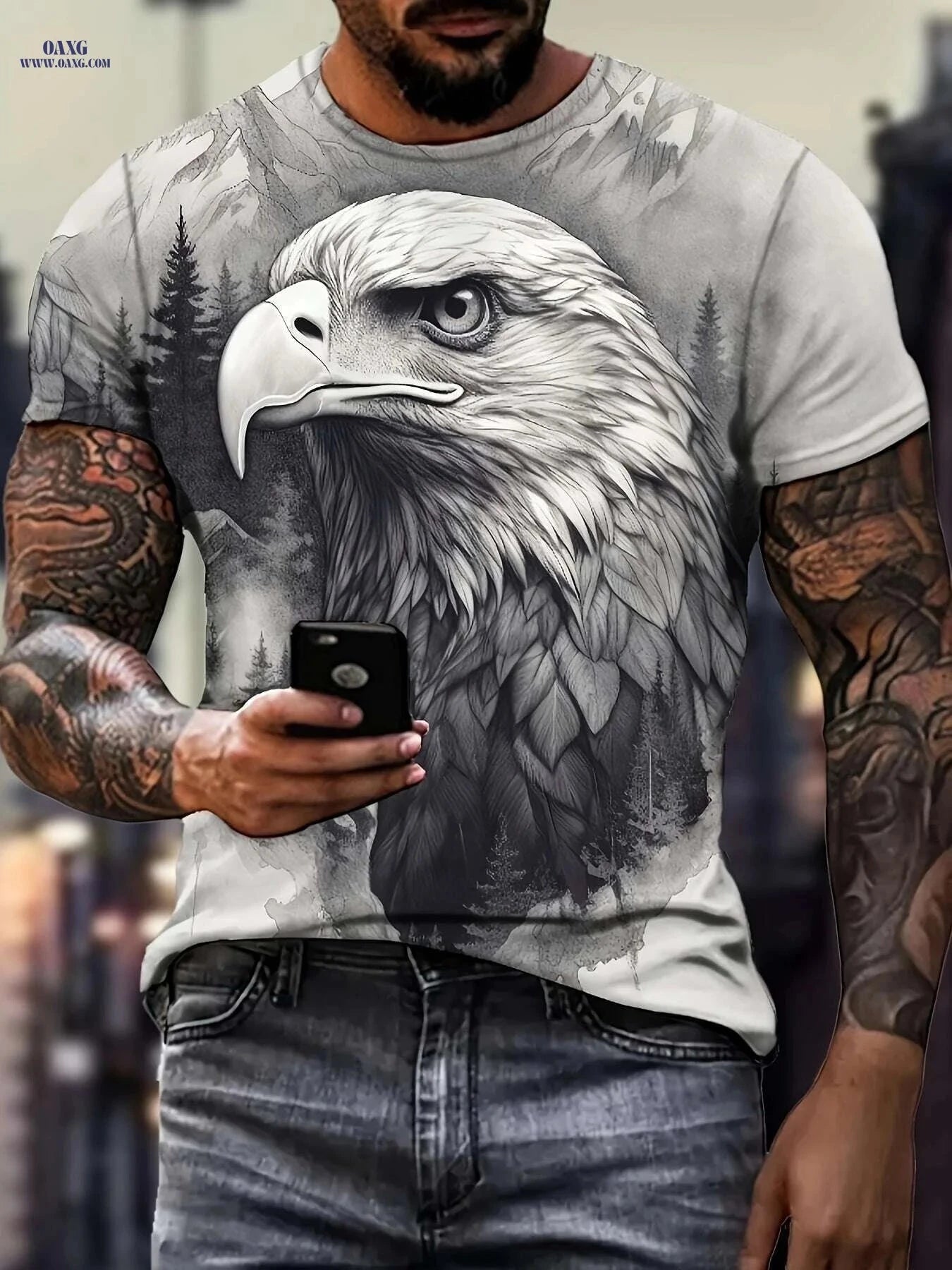 Men's Summer Eagle Sketch T-Shirt - Chic Crew Neck Style   OAXG 