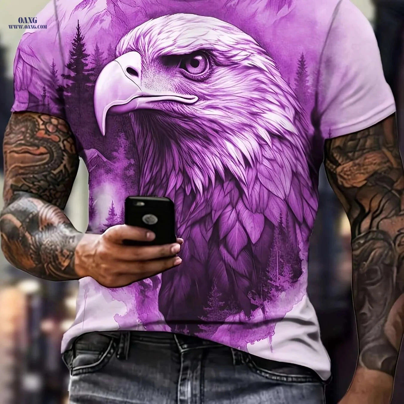 Men's Summer Eagle Sketch T-Shirt - Chic Crew Neck Style   OAXG 