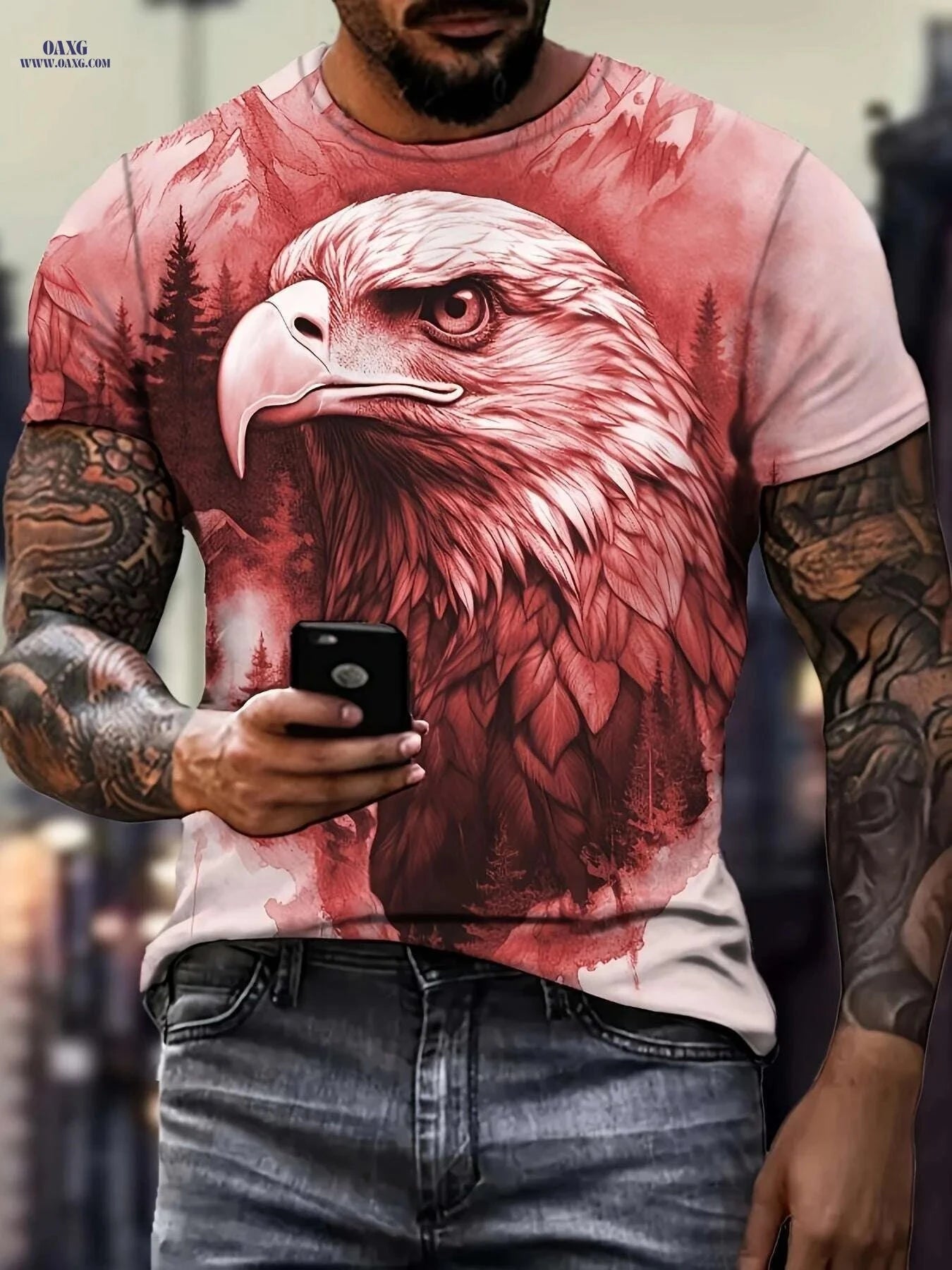 Men's Summer Eagle Sketch T-Shirt - Chic Crew Neck Style   OAXG Mixed Color / S