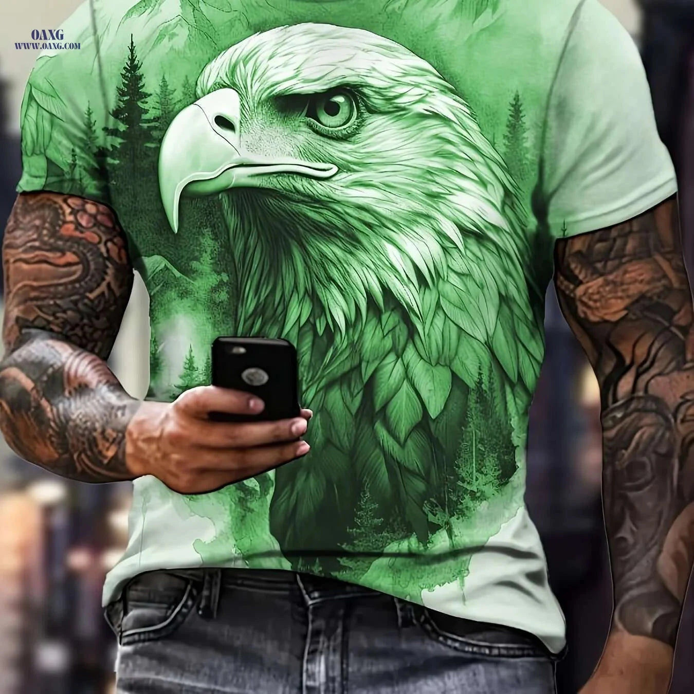 Men's Summer Eagle Sketch T-Shirt - Chic Crew Neck Style   OAXG Mixed Color / S