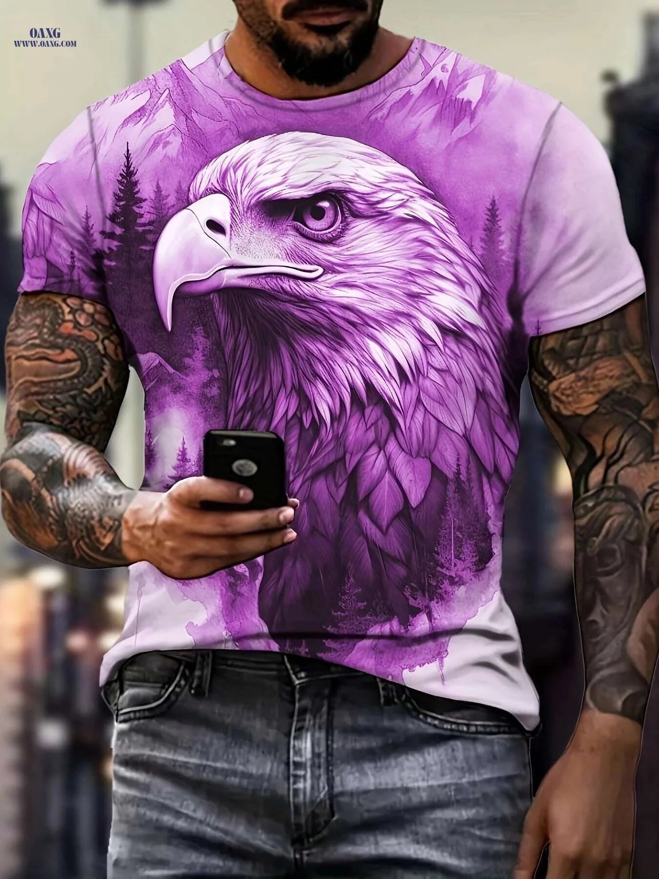 Men's Summer Eagle Sketch T-Shirt - Chic Crew Neck Style   OAXG 