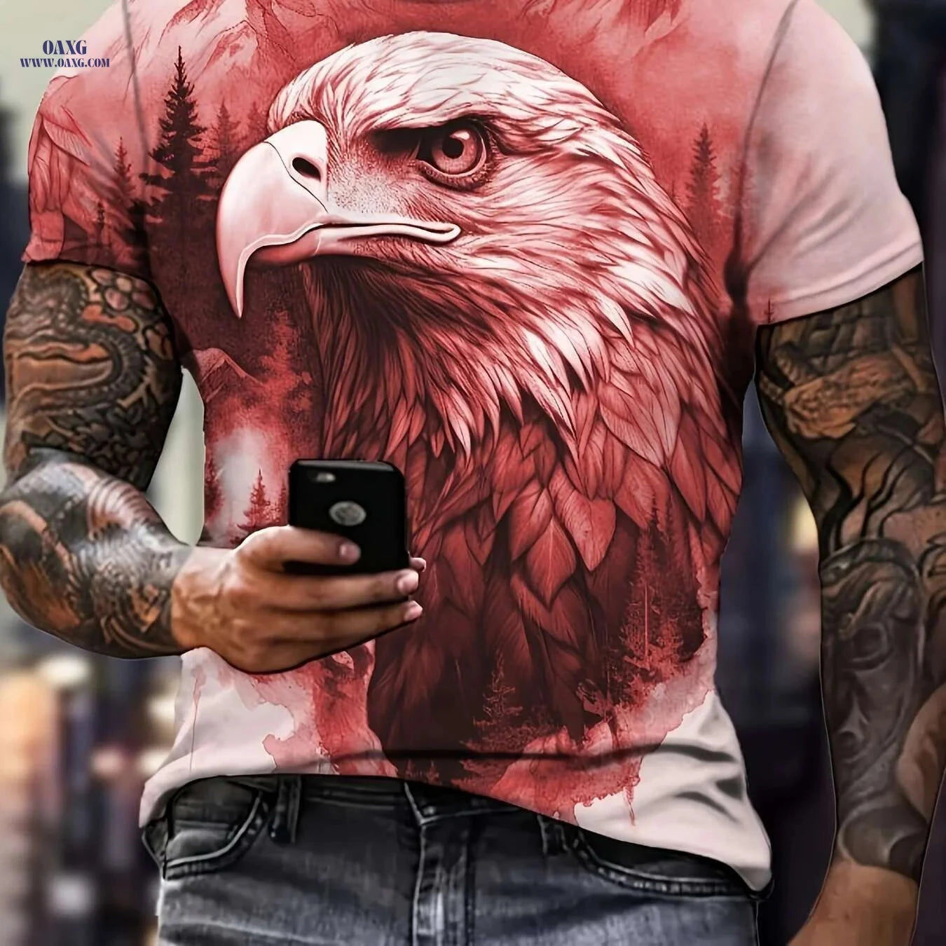 Men's Summer Eagle Sketch T-Shirt - Chic Crew Neck Style   OAXG 