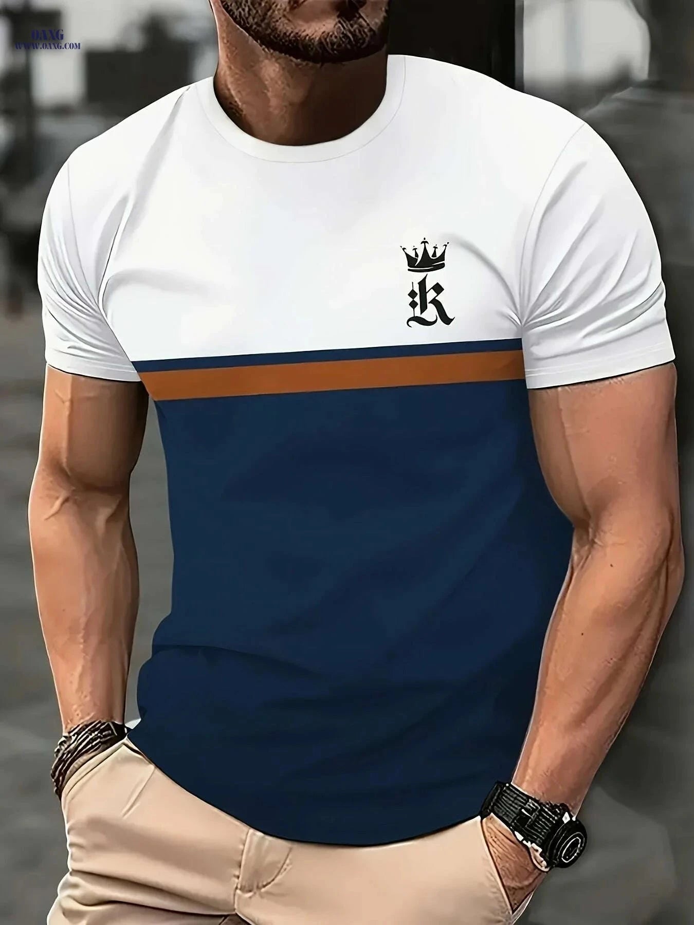Men's Summer Graphic T-Shirt - Casual Crew Neck Crown Print   OAXG Navy Blue / S