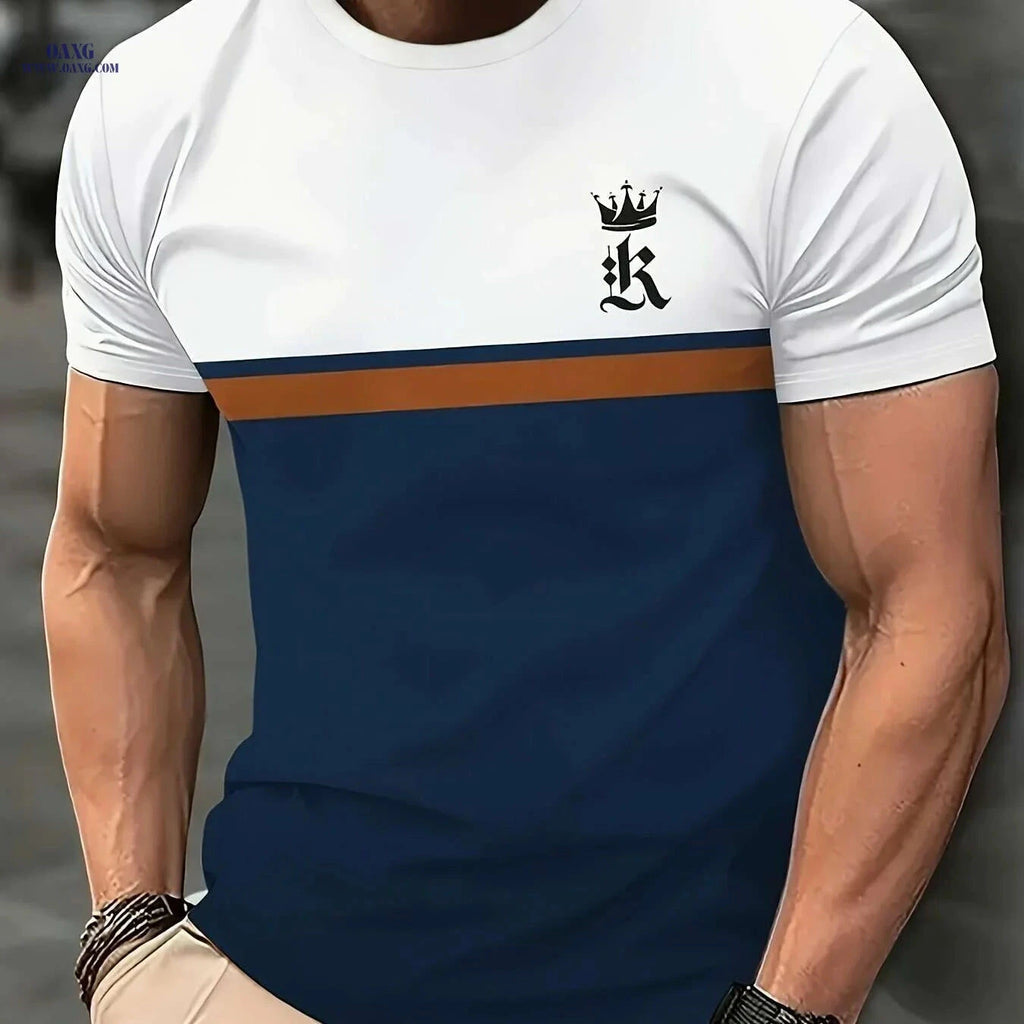 Men's Summer Graphic T-Shirt - Casual Crew Neck Crown Print   OAXG Navy Blue / S