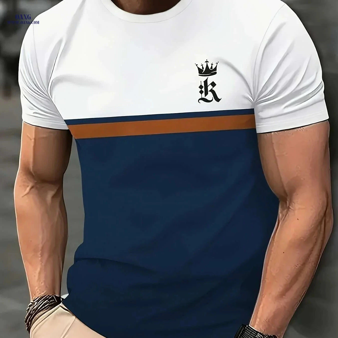 Men's Summer Graphic T-Shirt - Casual Crew Neck Crown Print   OAXG Navy Blue / S