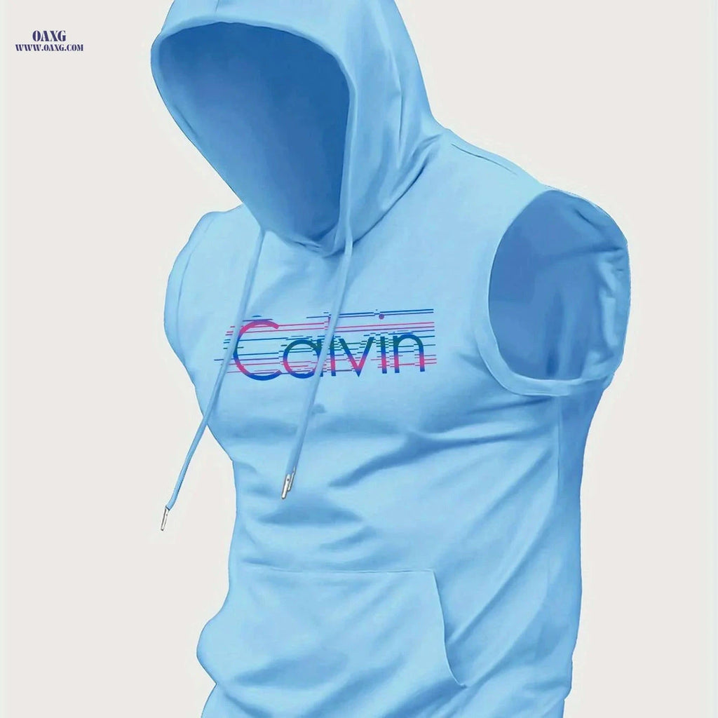 Men's Summer Hooded Tank Top - Breathable Knit with Bold 'Cavin' Print   OAXG Light Blue / S