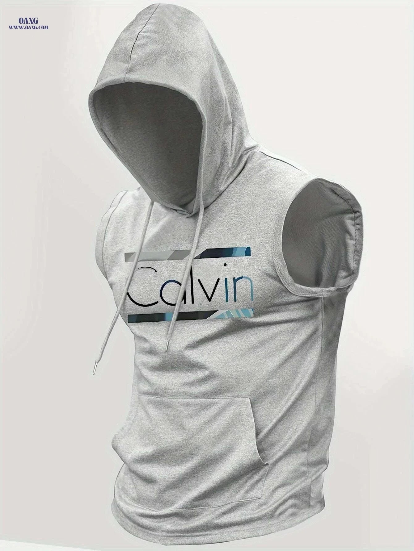 Men's Summer Hooded Tank Top - Casual Knit with Kangaroo Pocket   OAXG Light Blue / S