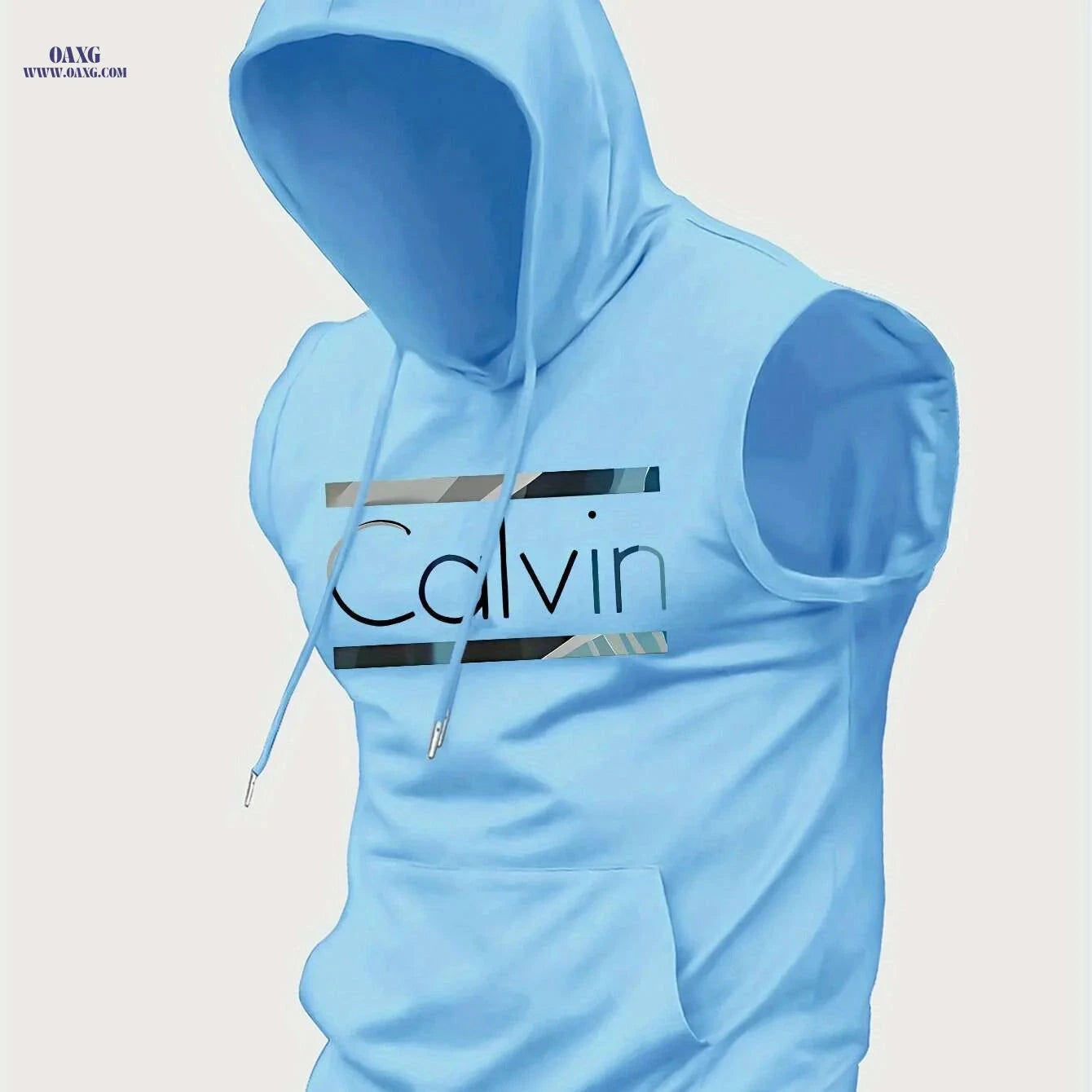 Men's Summer Hooded Tank Top - Casual Knit with Kangaroo Pocket   OAXG Light Blue / S