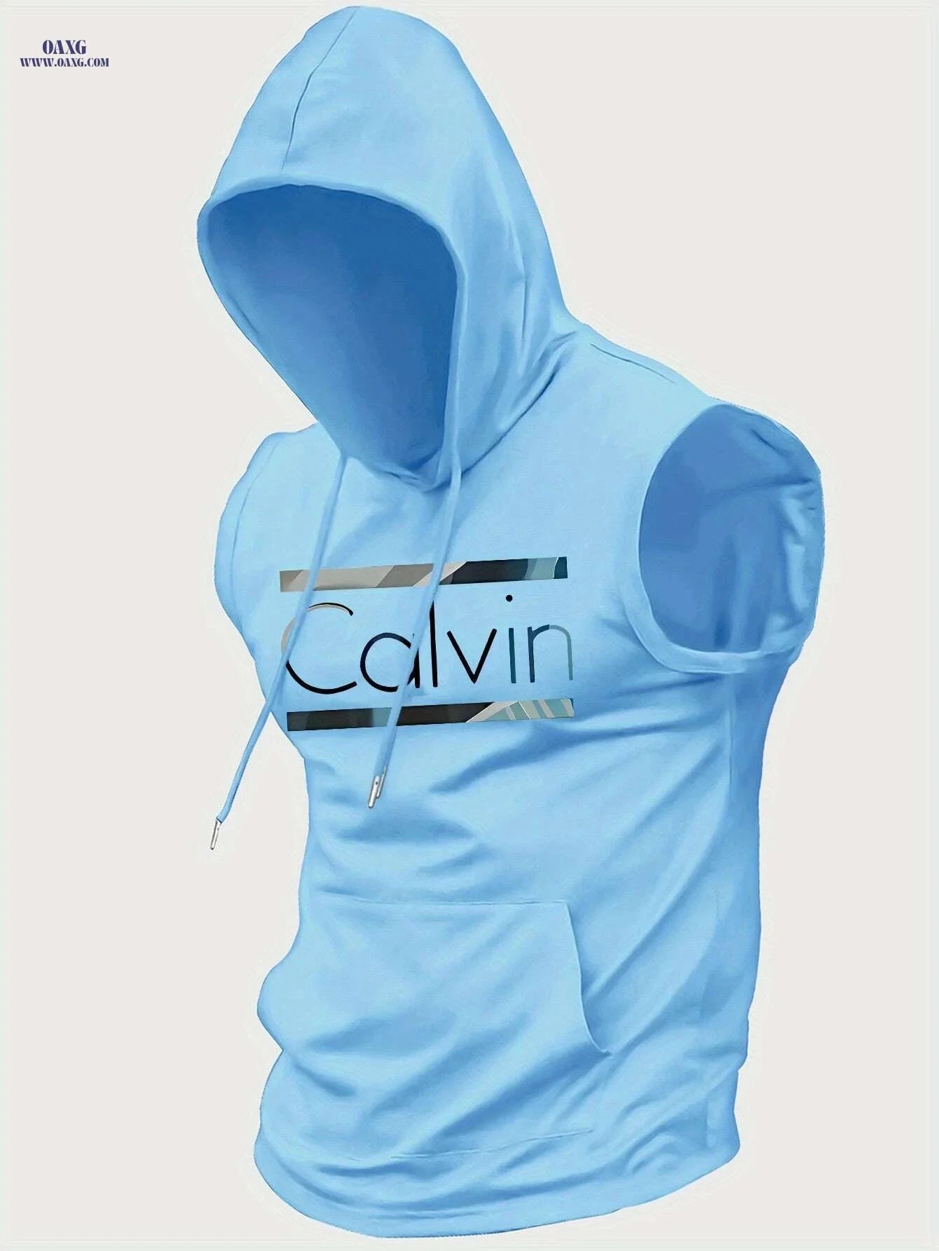 Men's Summer Hooded Tank Top - Casual Knit with Kangaroo Pocket   OAXG Light Blue / S