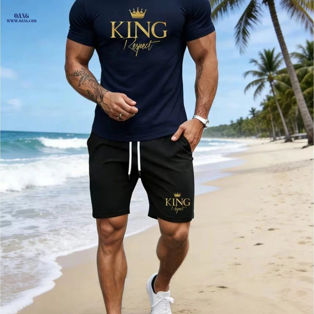 Men's Summer KING Print T-Shirt & Shorts Set - Casual & Breathable   OAXG 