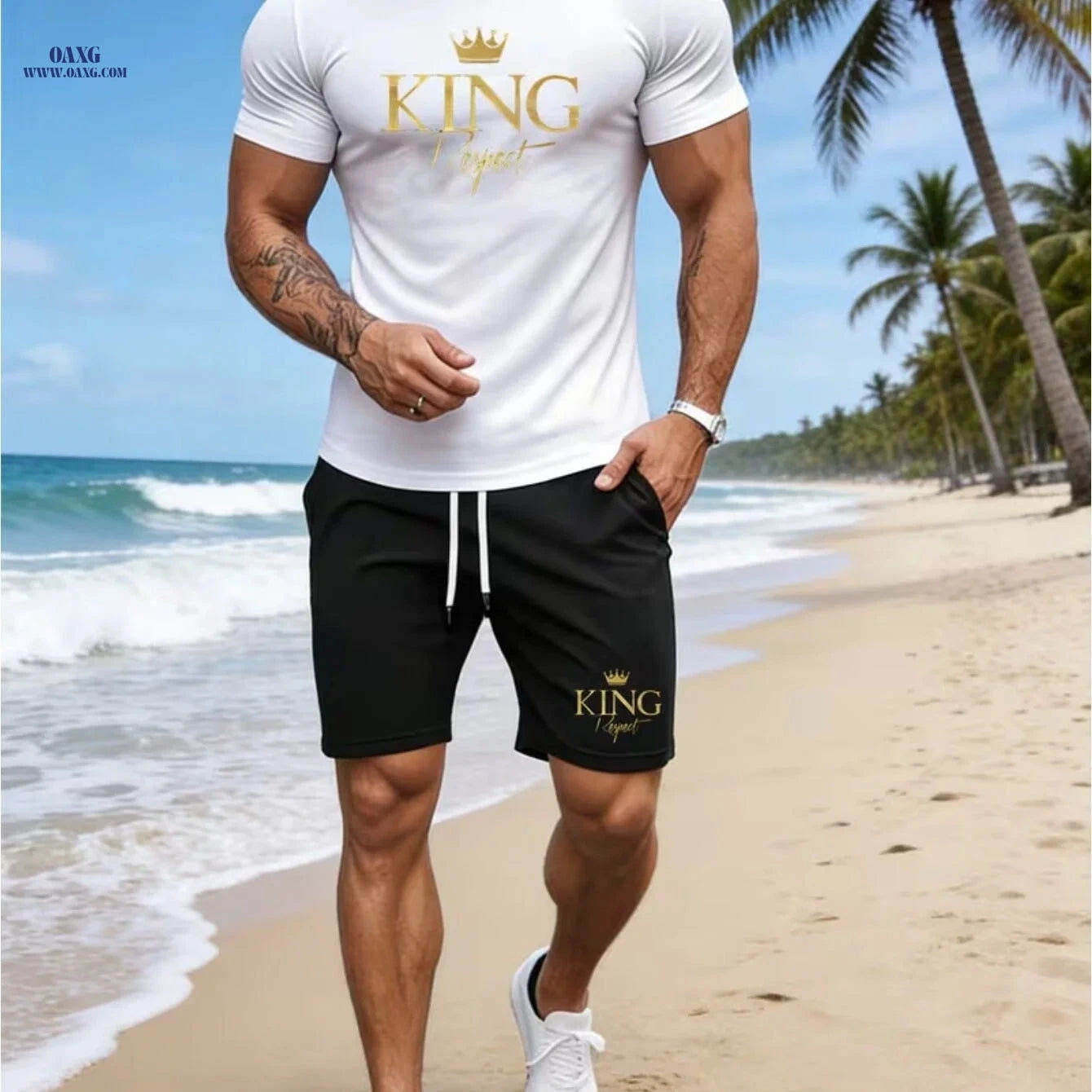 Men's Summer KING Print T-Shirt & Shorts Set - Casual & Breathable   OAXG 