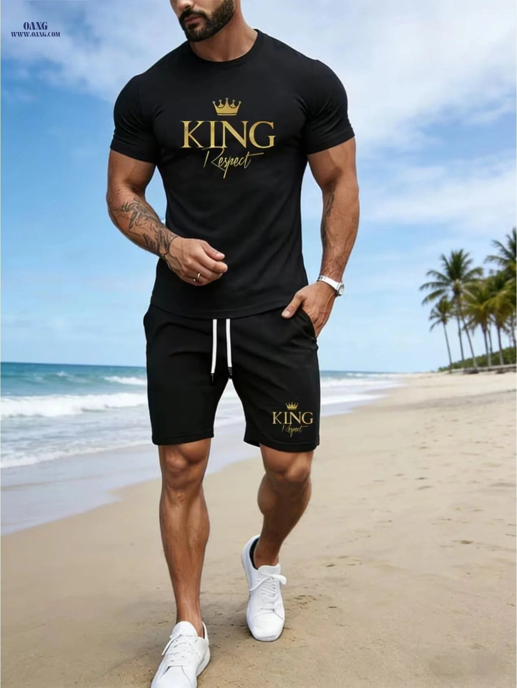 Men's Summer KING Print T-Shirt & Shorts Set - Casual & Breathable   OAXG 