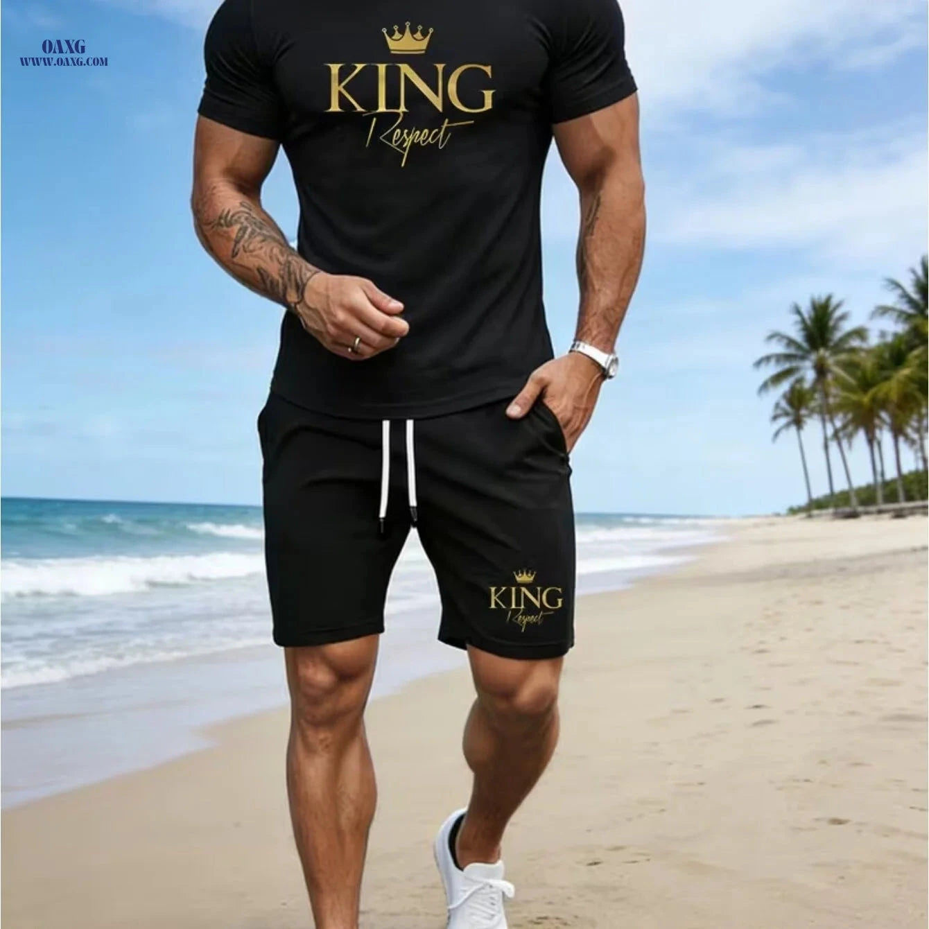 Men's Summer KING Print T-Shirt & Shorts Set - Casual & Breathable   OAXG 