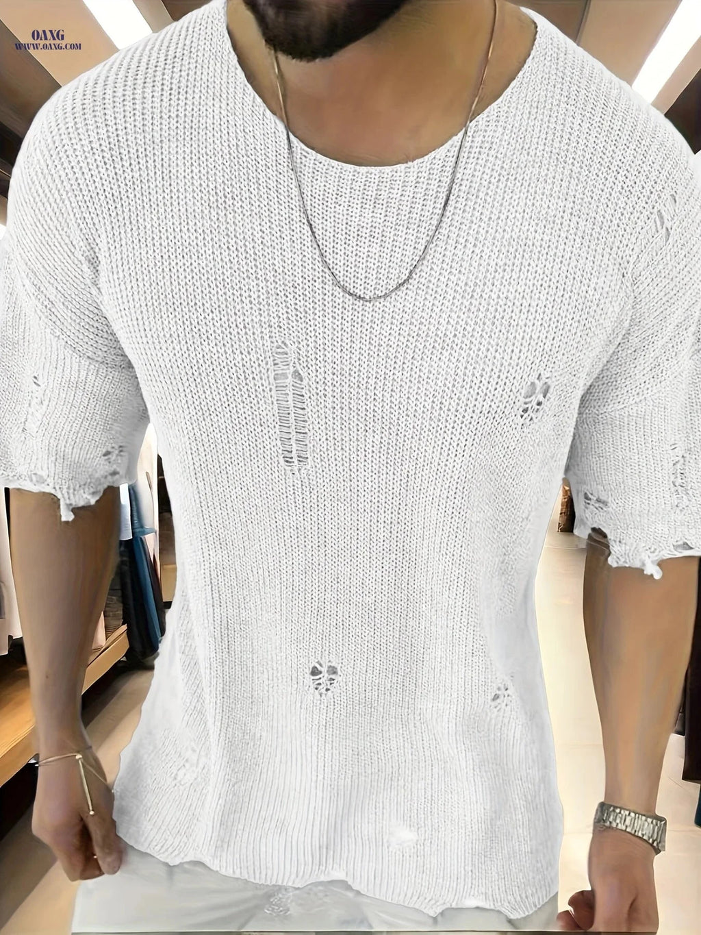 Men's Summer Knitted Pullover Shirt - Casual Floral Ripped Design   OAXG 