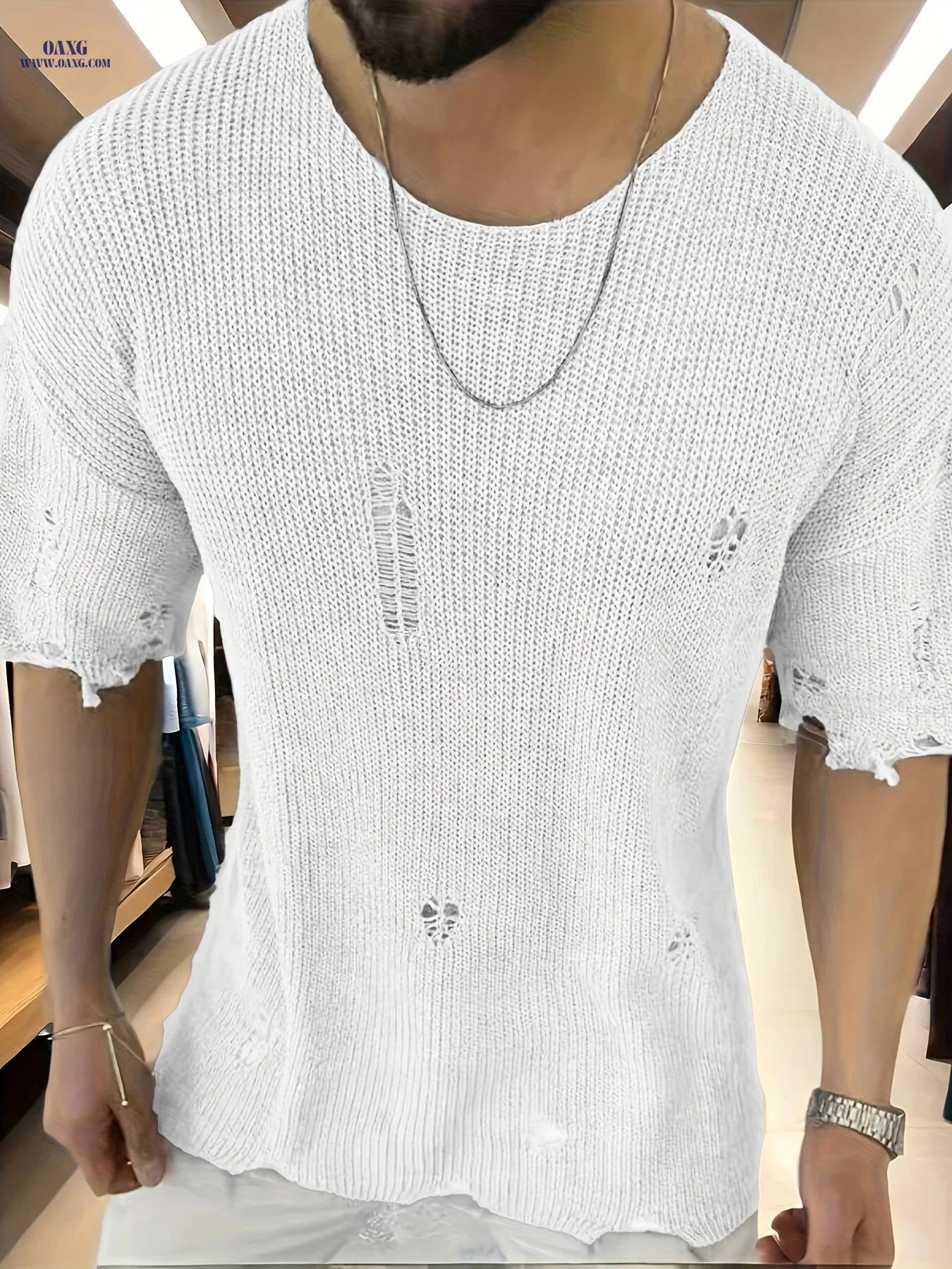 Men's Summer Knitted Pullover Shirt - Casual Floral Ripped Design   OAXG 