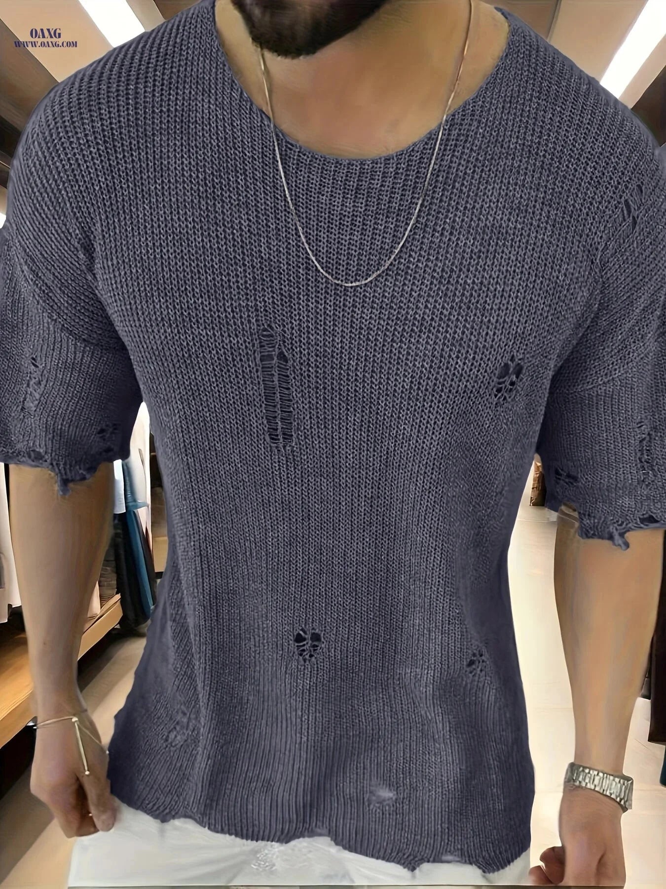 Men's Summer Knitted Pullover Shirt - Casual Floral Ripped Design   OAXG 