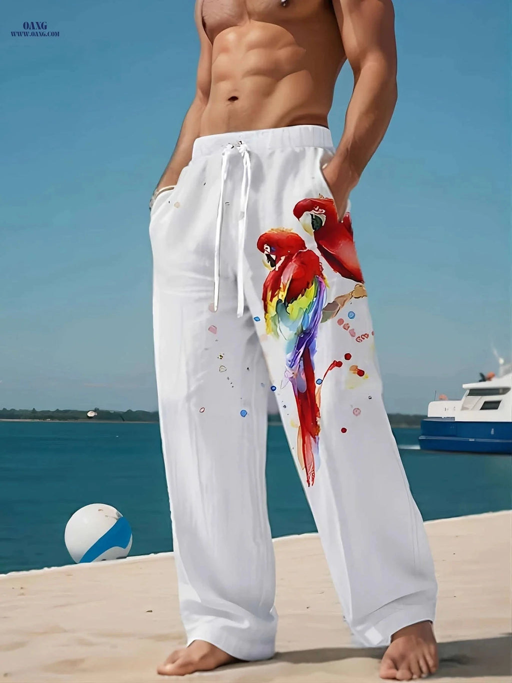 Men's Summer Long Pants - Casual Beach Shorts with Parrot Print   OAXG Mixed Color / FR M