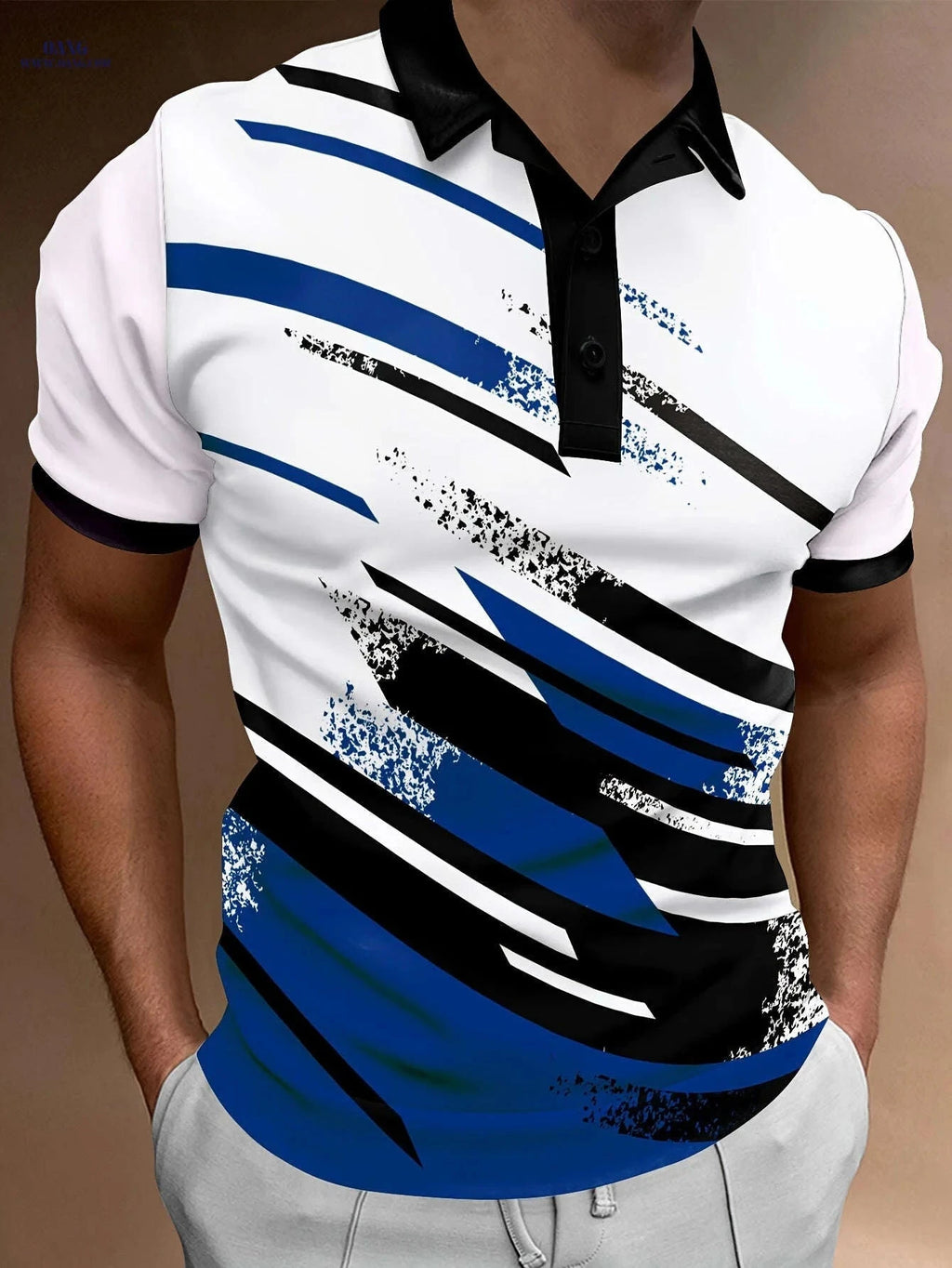 Men's Summer Polo Shirt - Casual Geometric Stripe, Short Sleeve Fit   OAXG 