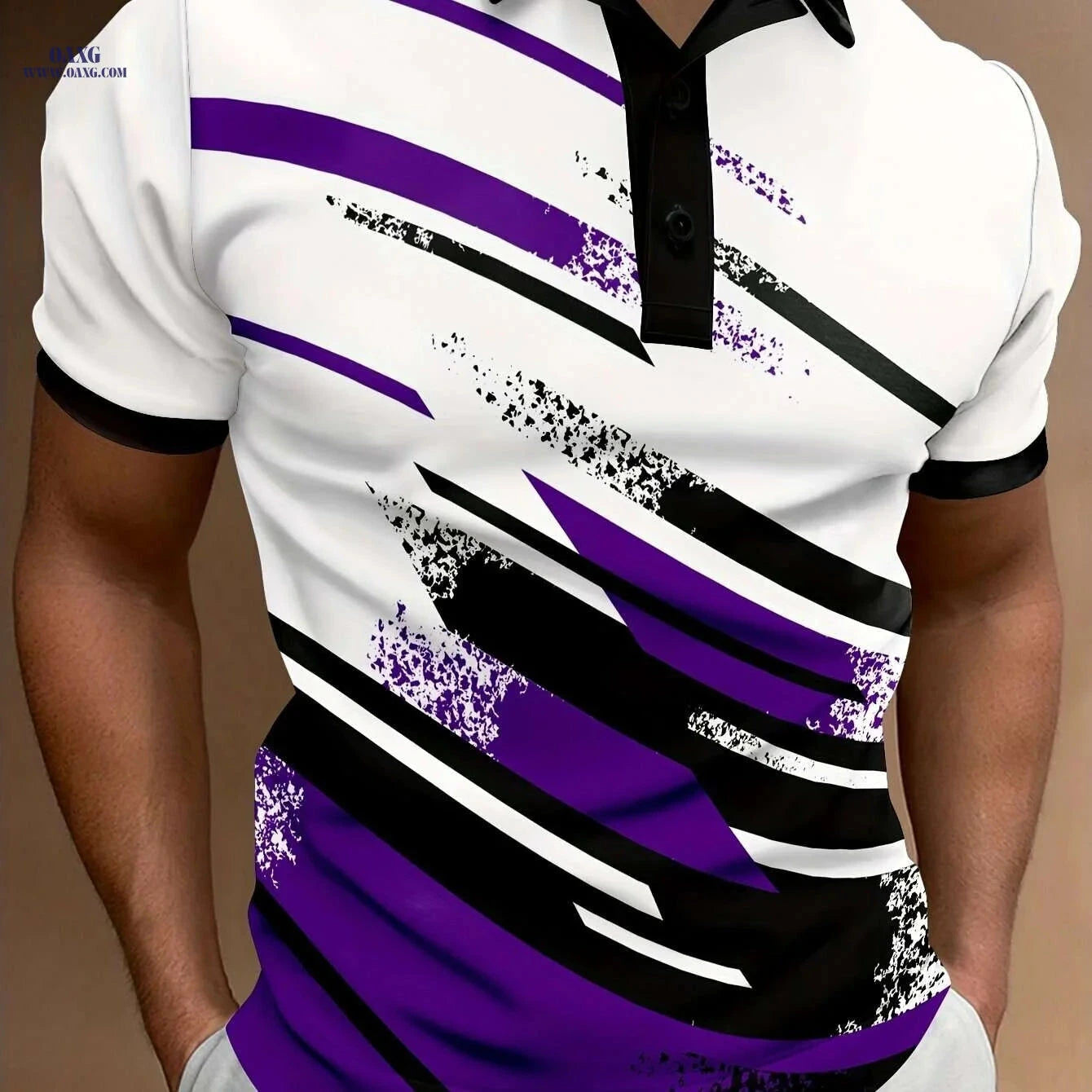 Men's Summer Polo Shirt - Casual Geometric Stripe, Short Sleeve Fit   OAXG 