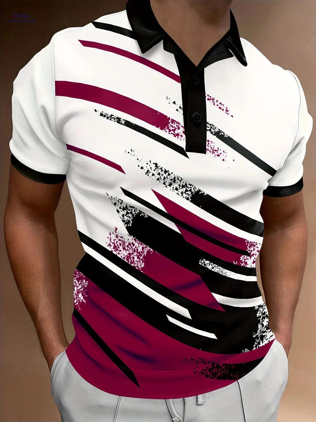 Men's Summer Polo Shirt - Casual Geometric Stripe, Short Sleeve Fit   OAXG 