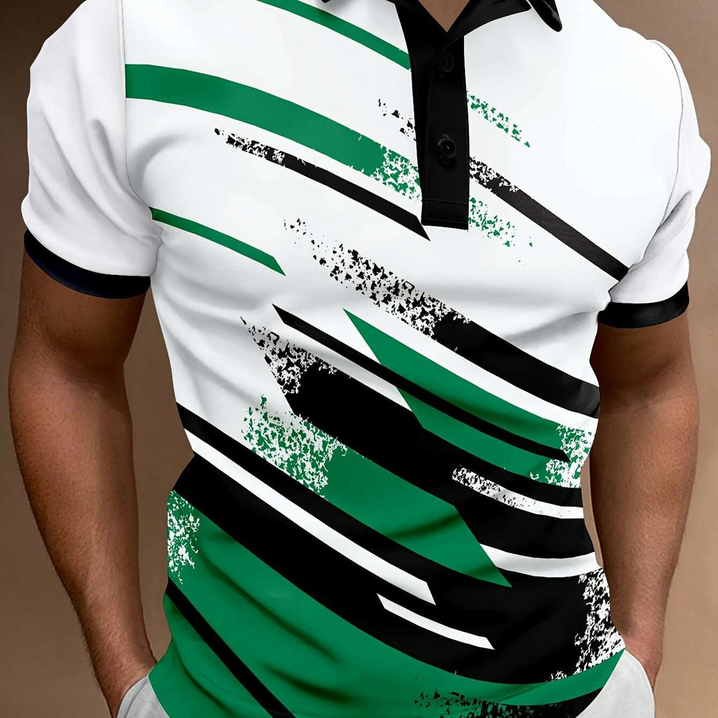 Men's Summer Polo Shirt - Casual Geometric Stripe, Short Sleeve Fit   OAXG 