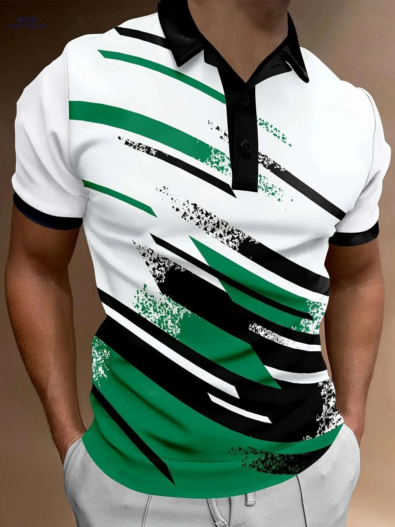 Men's Summer Polo Shirt - Casual Geometric Stripe, Short Sleeve Fit   OAXG Emerald Green / M