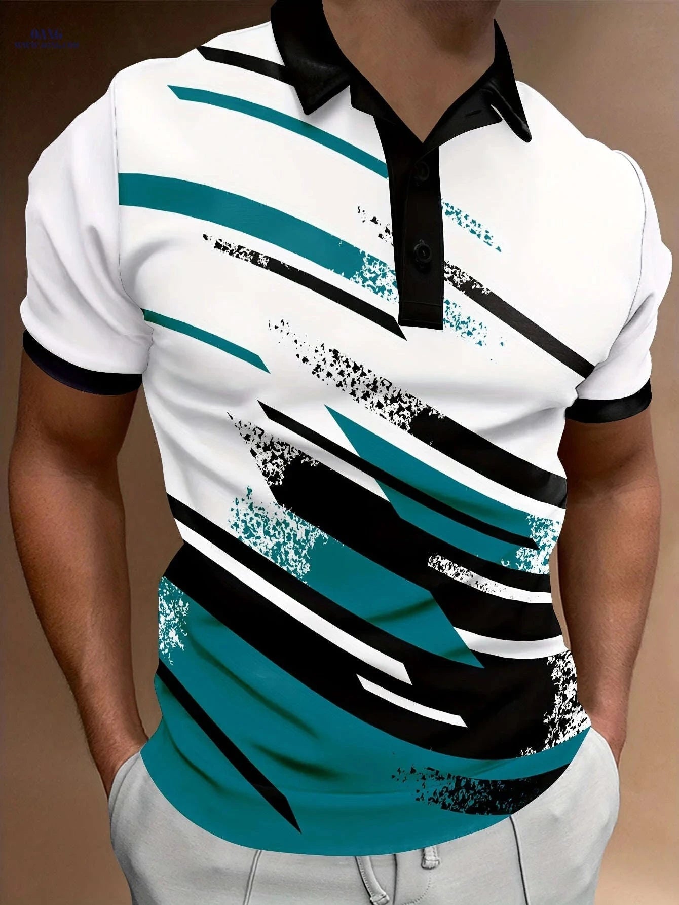 Men's Summer Polo Shirt - Casual Geometric Stripe, Short Sleeve Fit   OAXG 