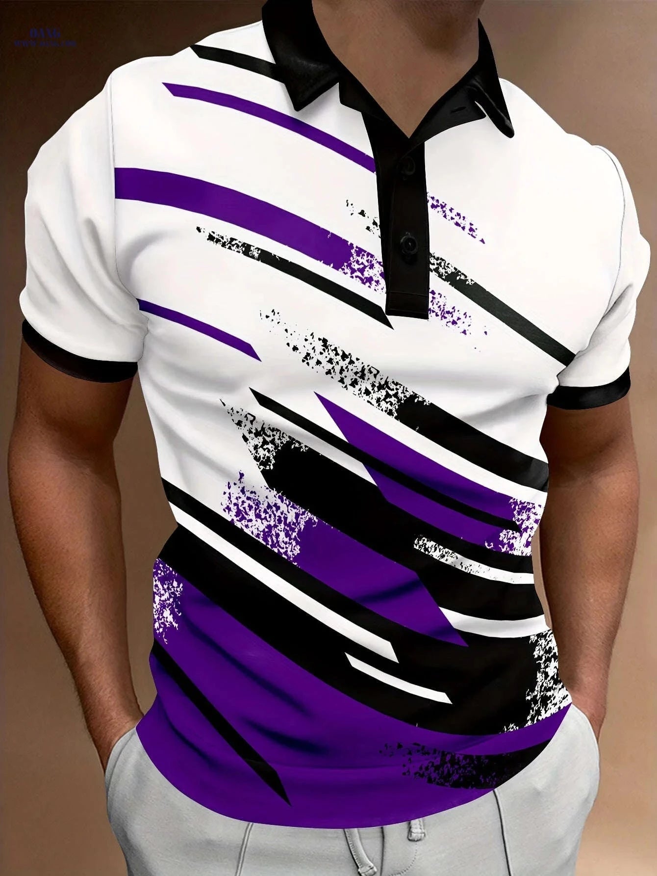 Men's Summer Polo Shirt - Casual Geometric Stripe, Short Sleeve Fit   OAXG 