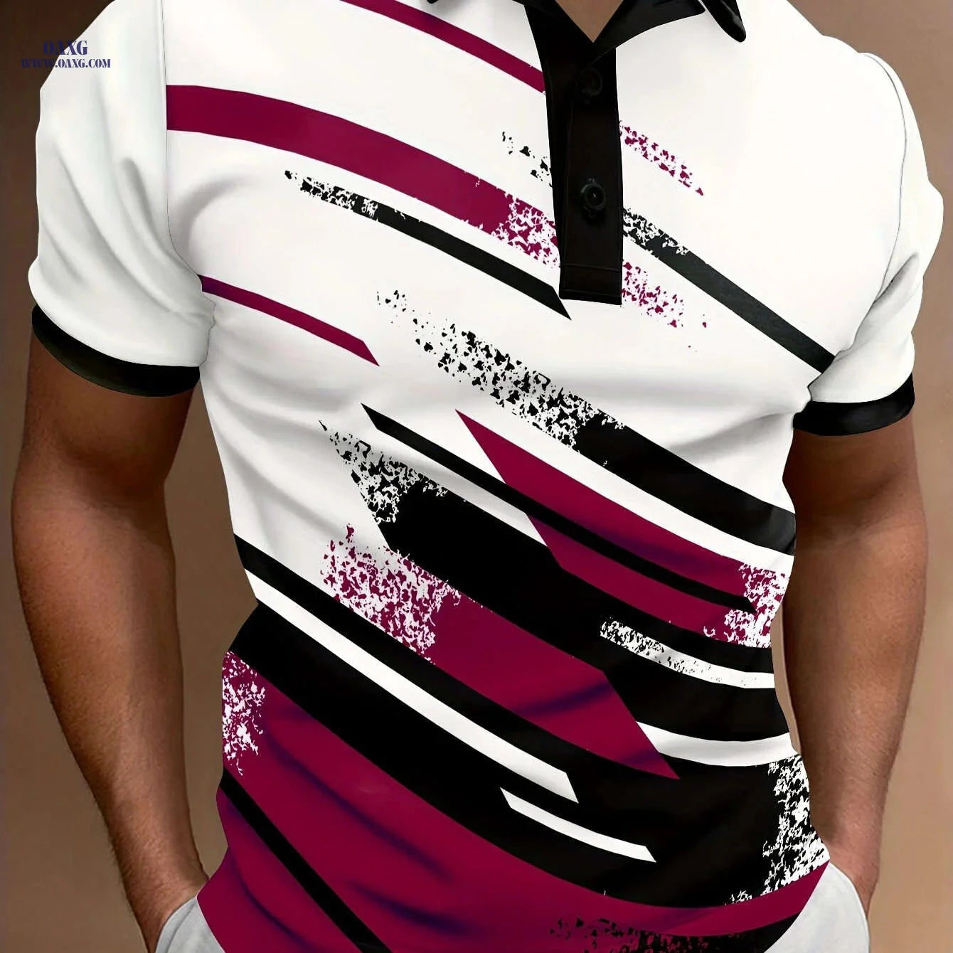 Men's Summer Polo Shirt - Casual Geometric Stripe, Short Sleeve Fit   OAXG 