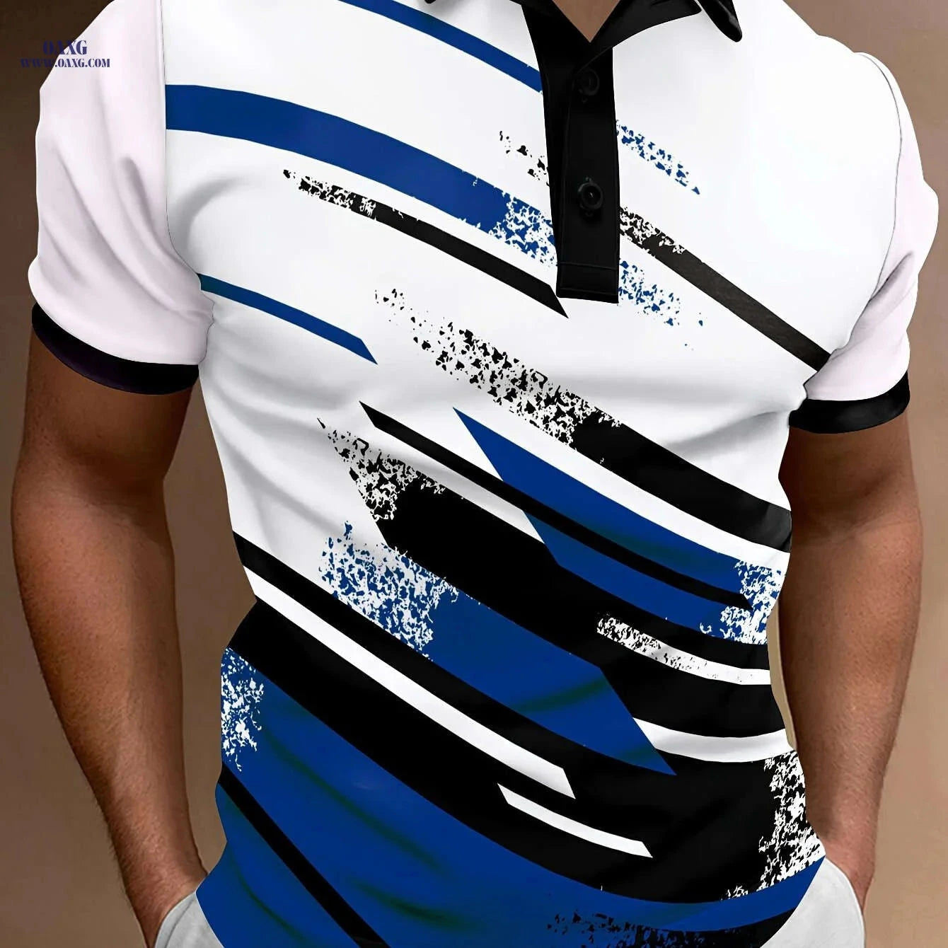 Men's Summer Polo Shirt - Casual Geometric Stripe, Short Sleeve Fit   OAXG 