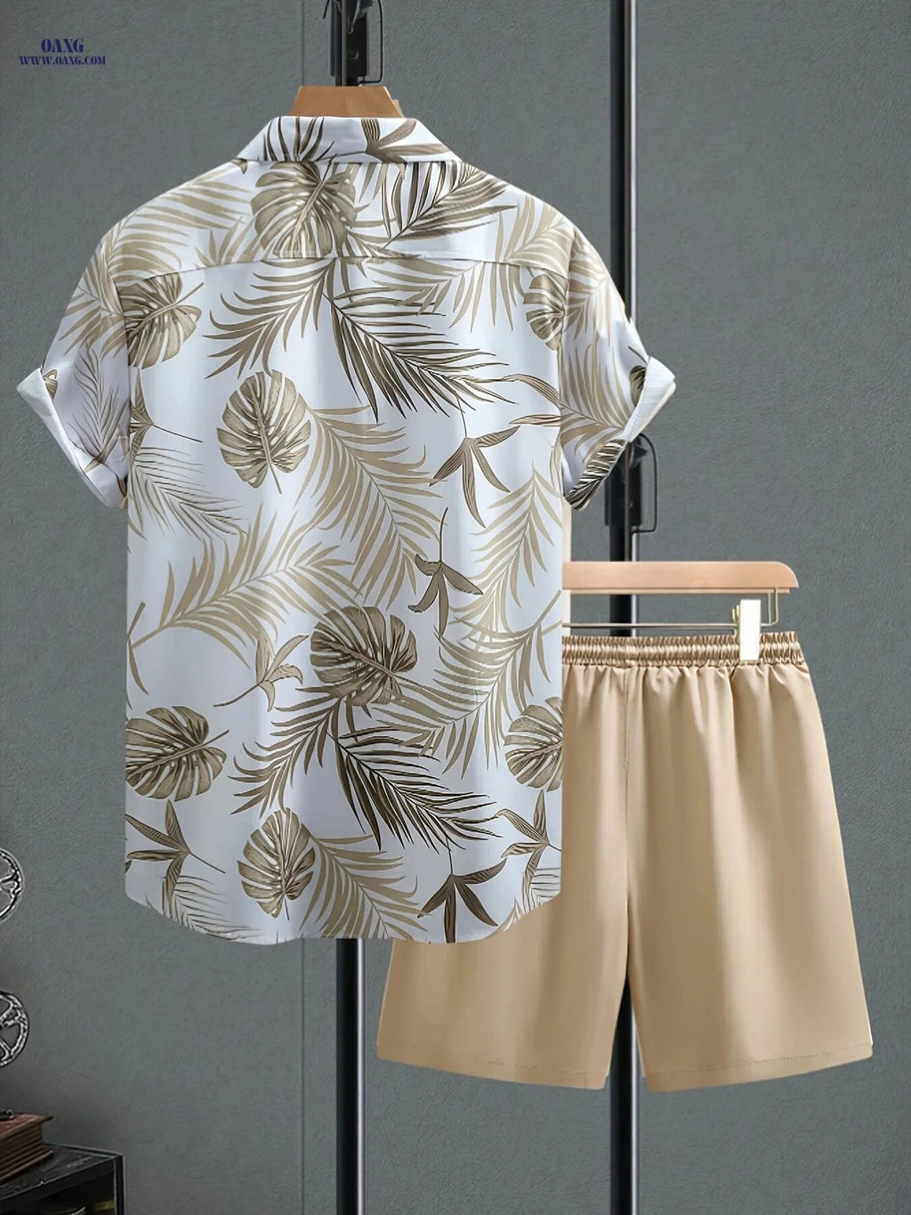 Men's Summer Printed Shirt and Shorts Set - Casual Polyester Outfit   OAXG Green / FR XL