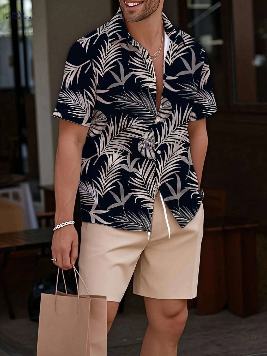 Men's Summer Printed Shirt and Shorts Set - Casual Polyester Outfit   OAXG Green / FR XL