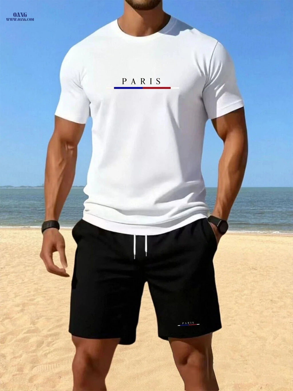 Men's Summer Short Sleeve and Shorts Set - Lightweight, Geometric Print   OAXG White / FR S