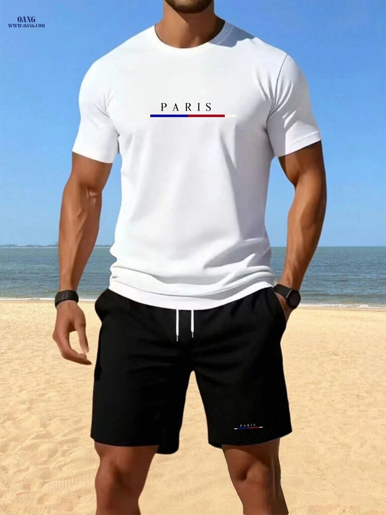 Men's Summer Short Sleeve and Shorts Set - Lightweight, Geometric Print   OAXG White / FR S